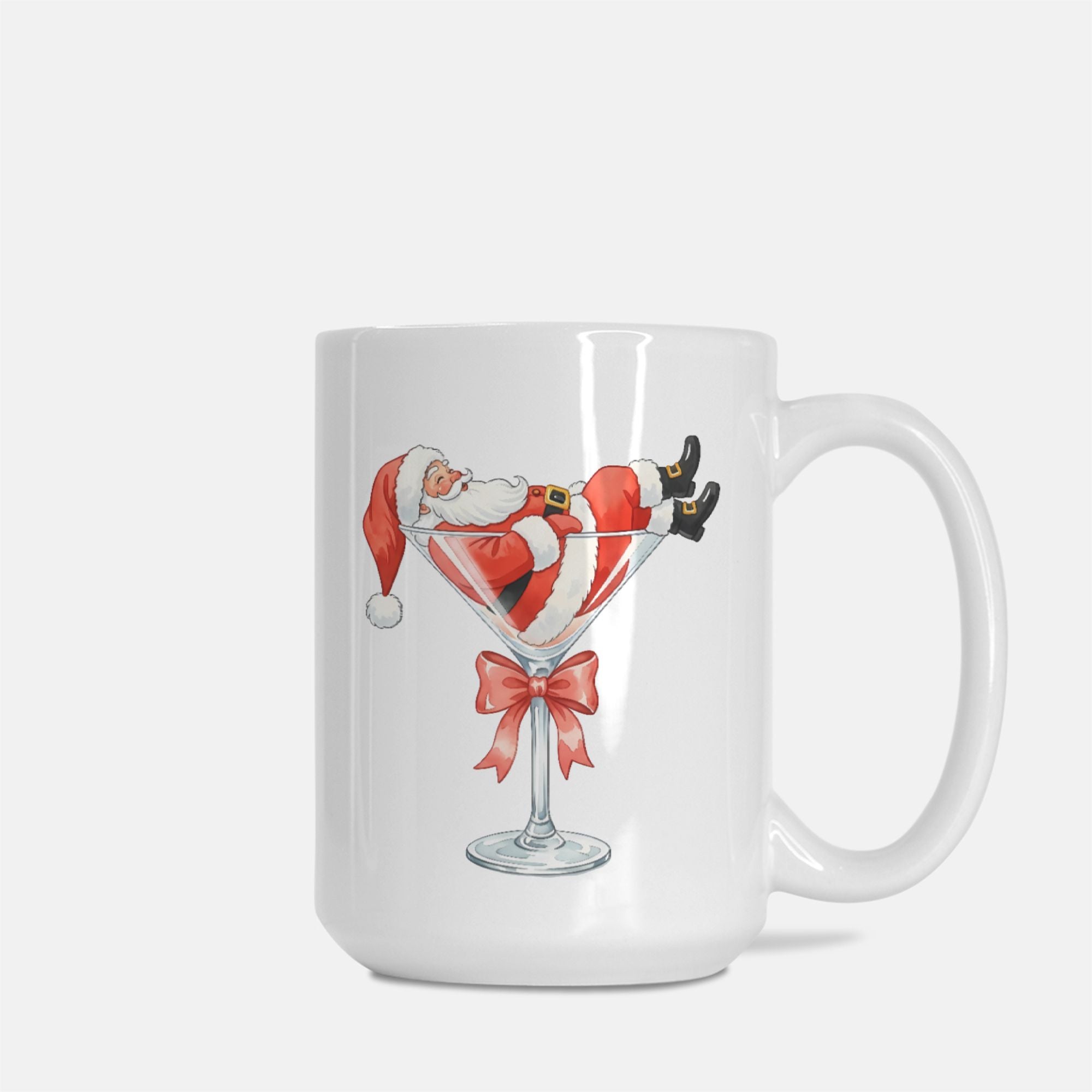 White mug with a design of Santa Claus in a martini glass on a white background