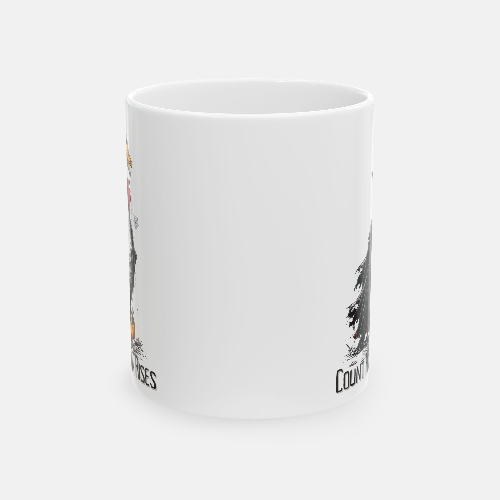 White mug with printed Halloween vampire goose design on a white background