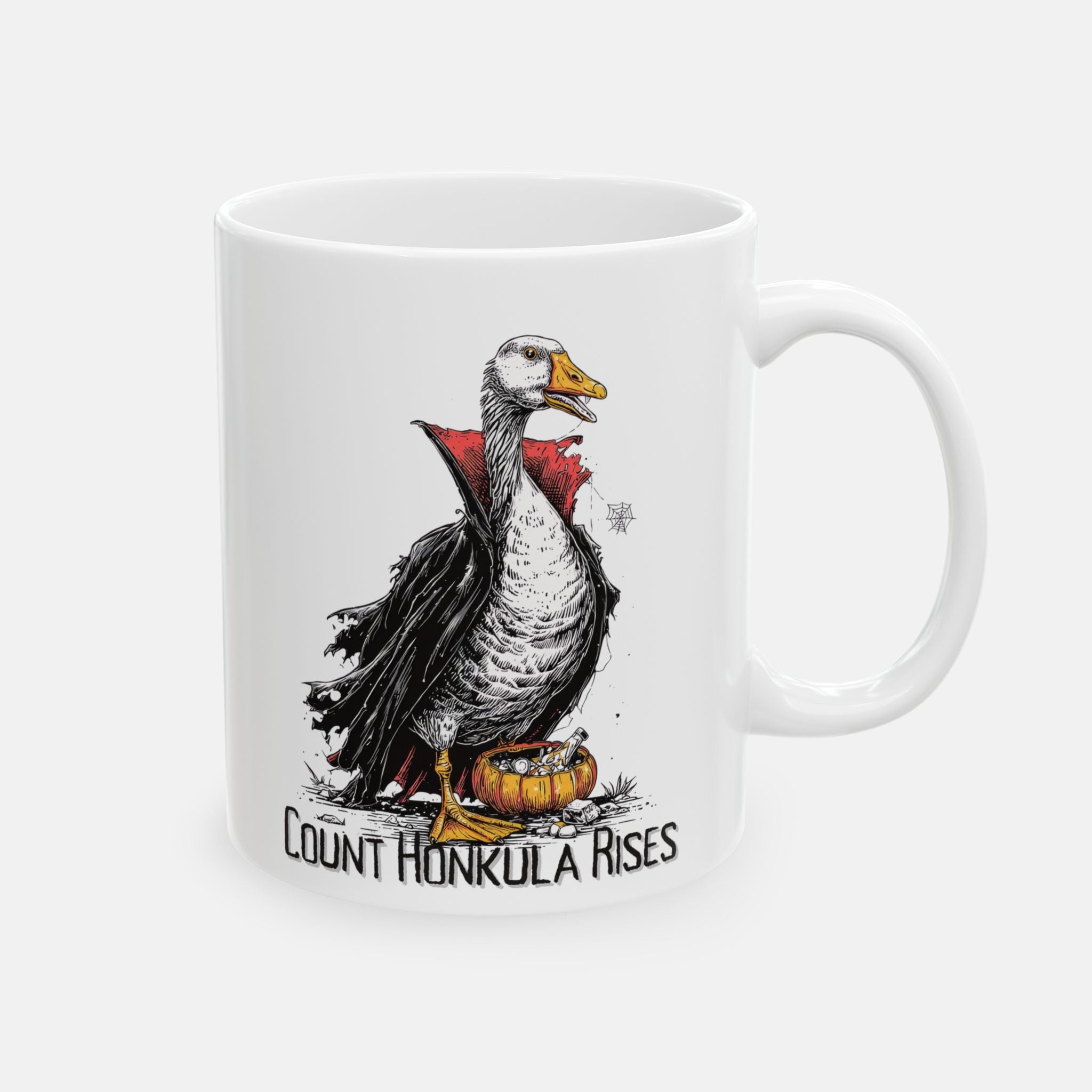 White mug with a goose illustration and text on a white background