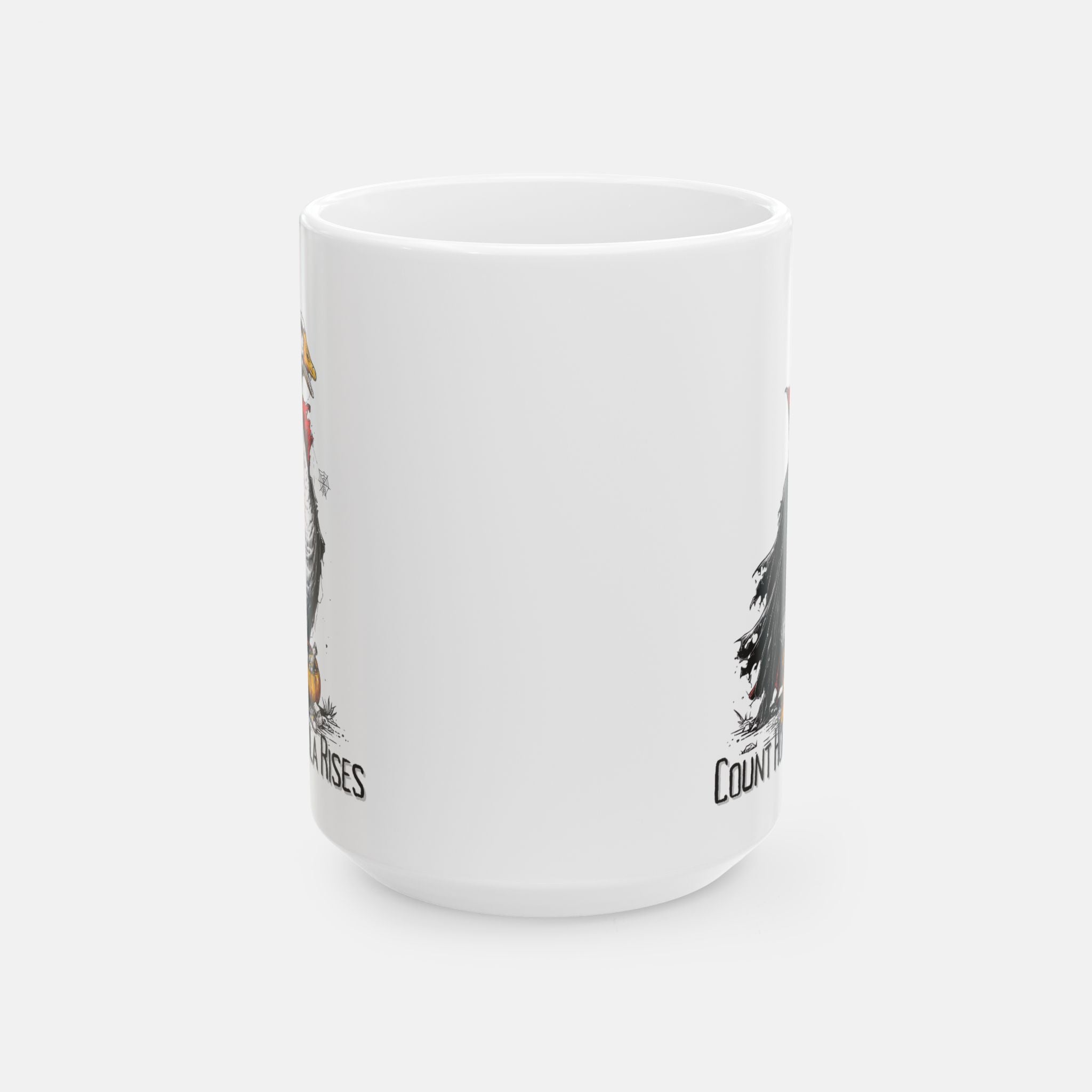 White mug with printed design on a white background