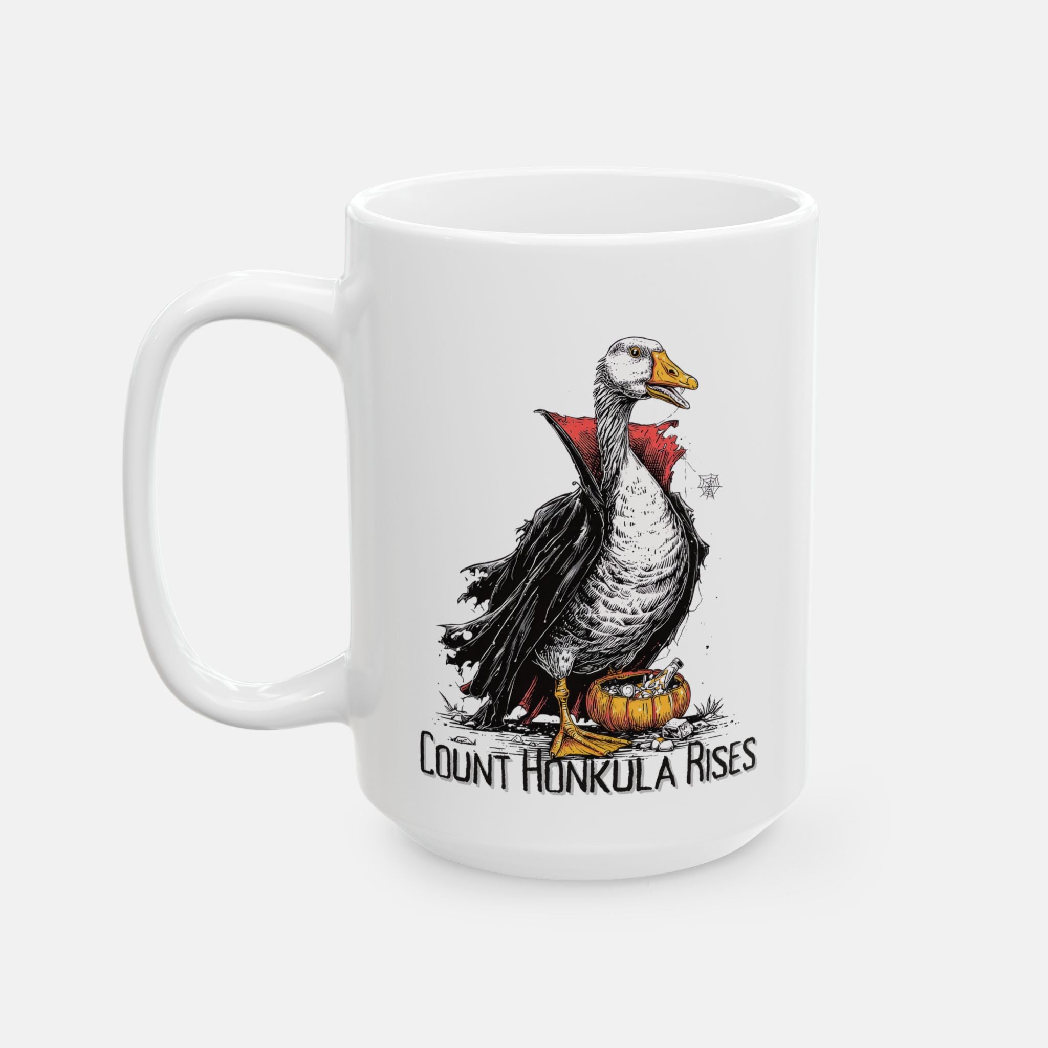 White mug with a vampire goose illustration and text 'Count Honkula Rises' on a white background