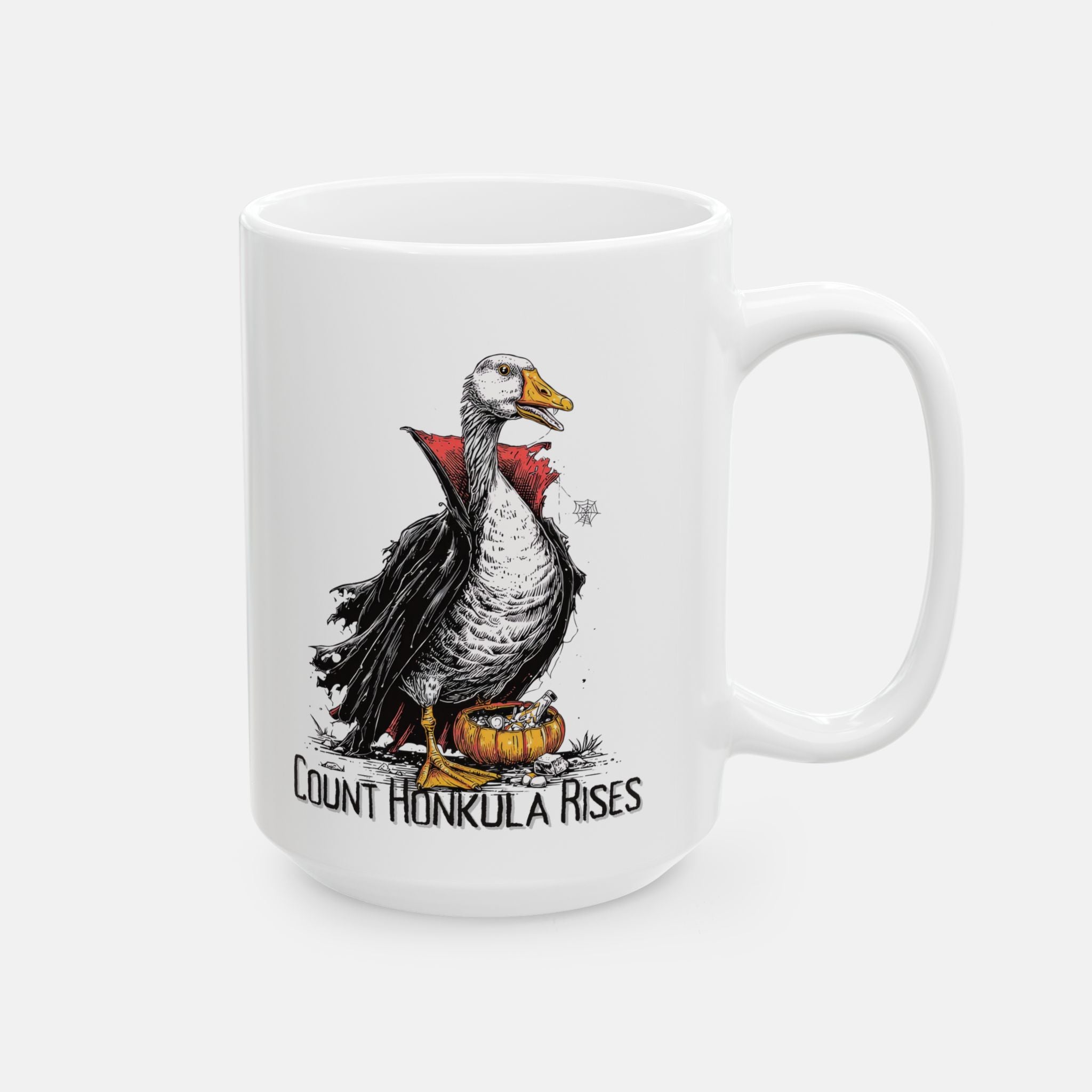 White mug with a vampire goose illustration and text 'Count Honkula Rises' on a white background