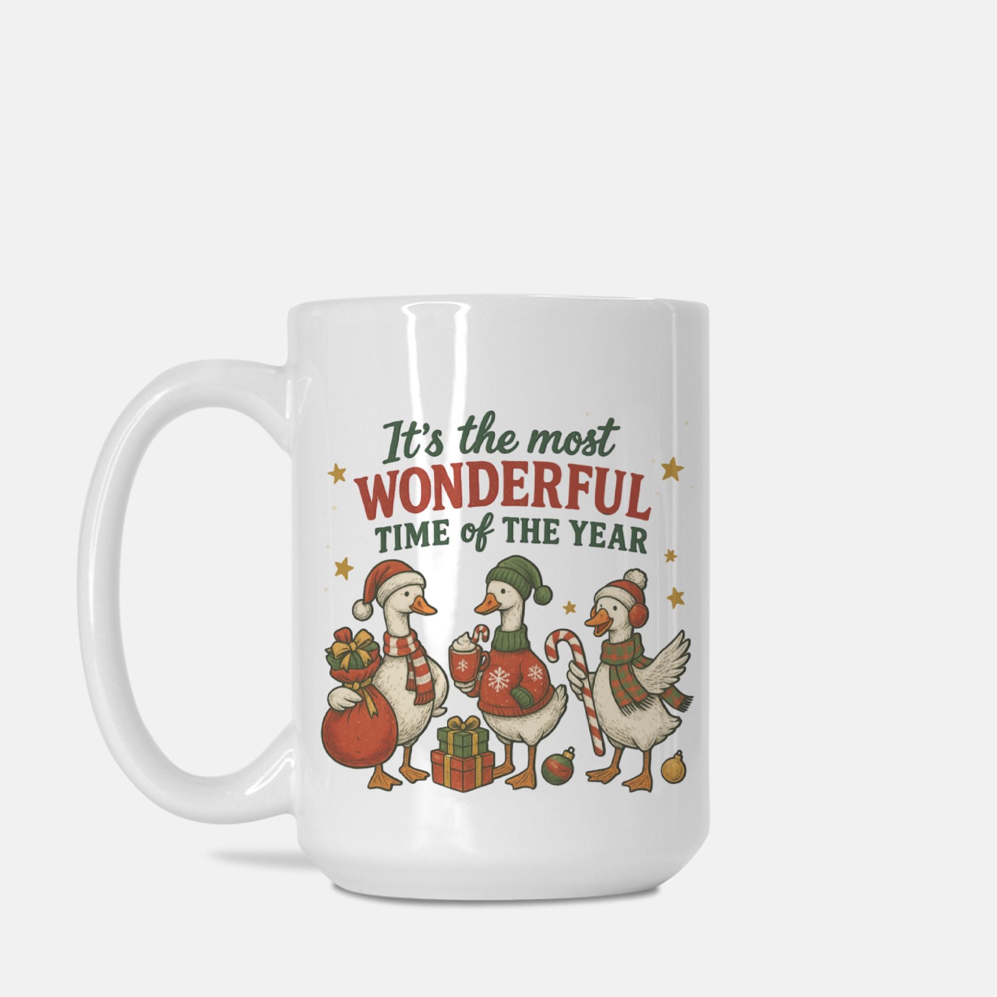 White mug with Christmas-themed design featuring geese and text on a white background