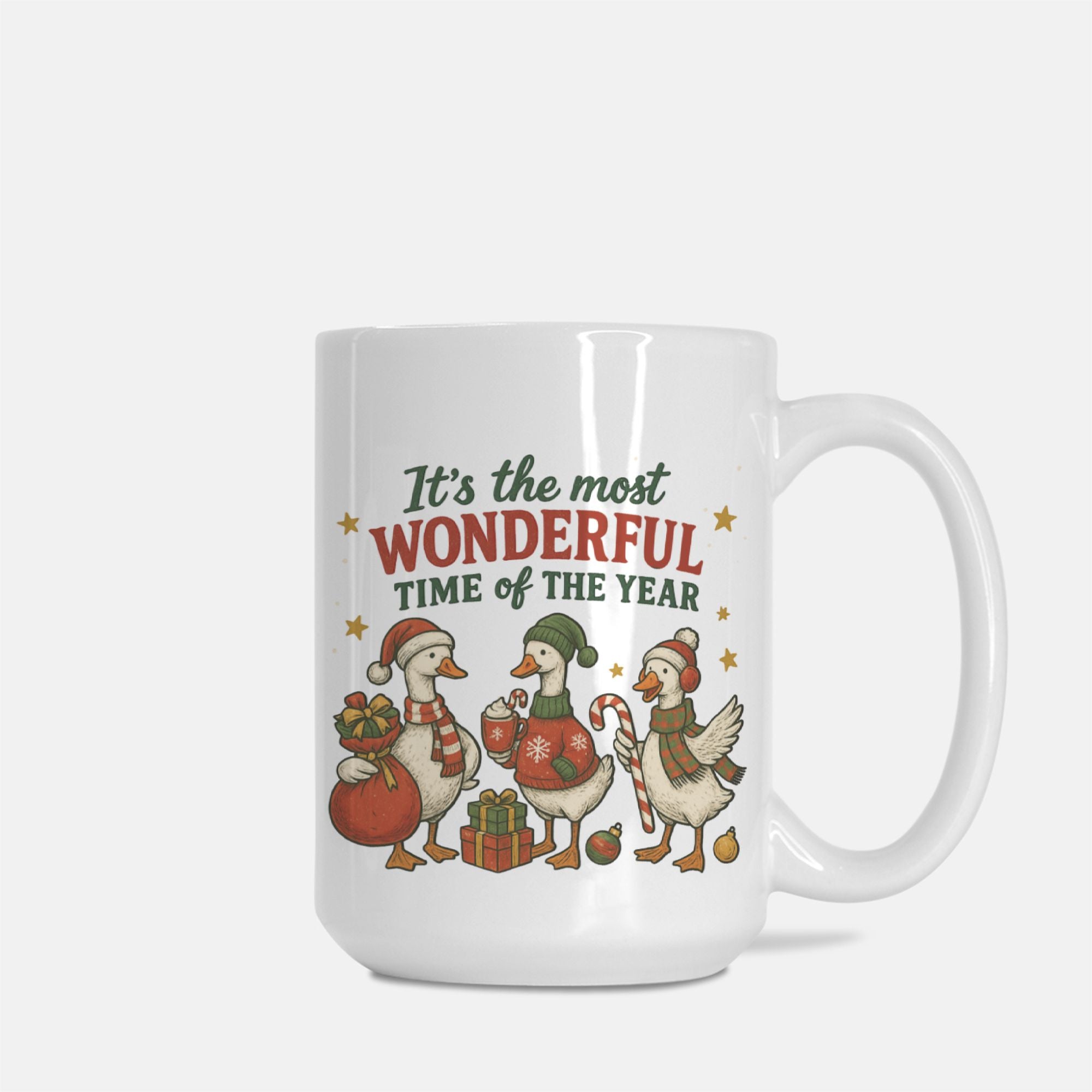 White mug with Christmas-themed design featuring ducks and text on a white background