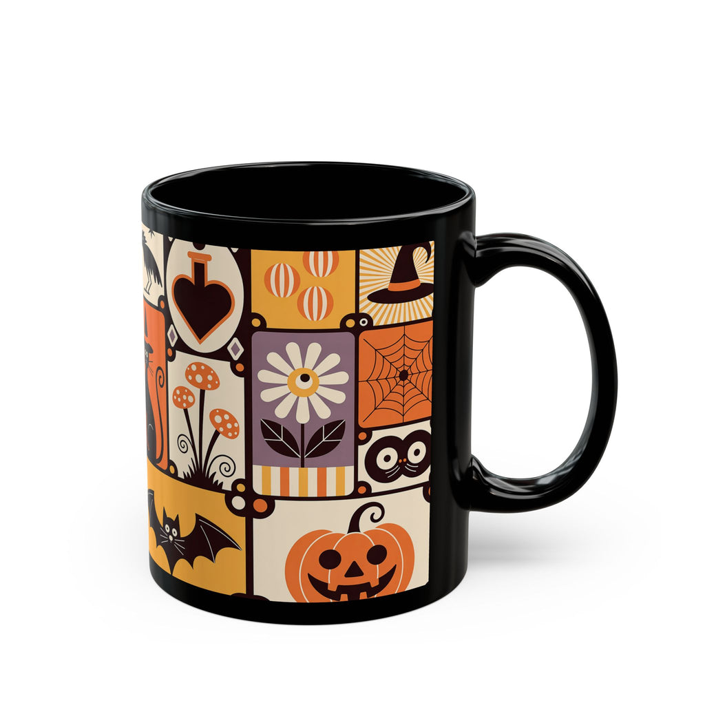 Black mug with Halloween-themed pattern on a white background