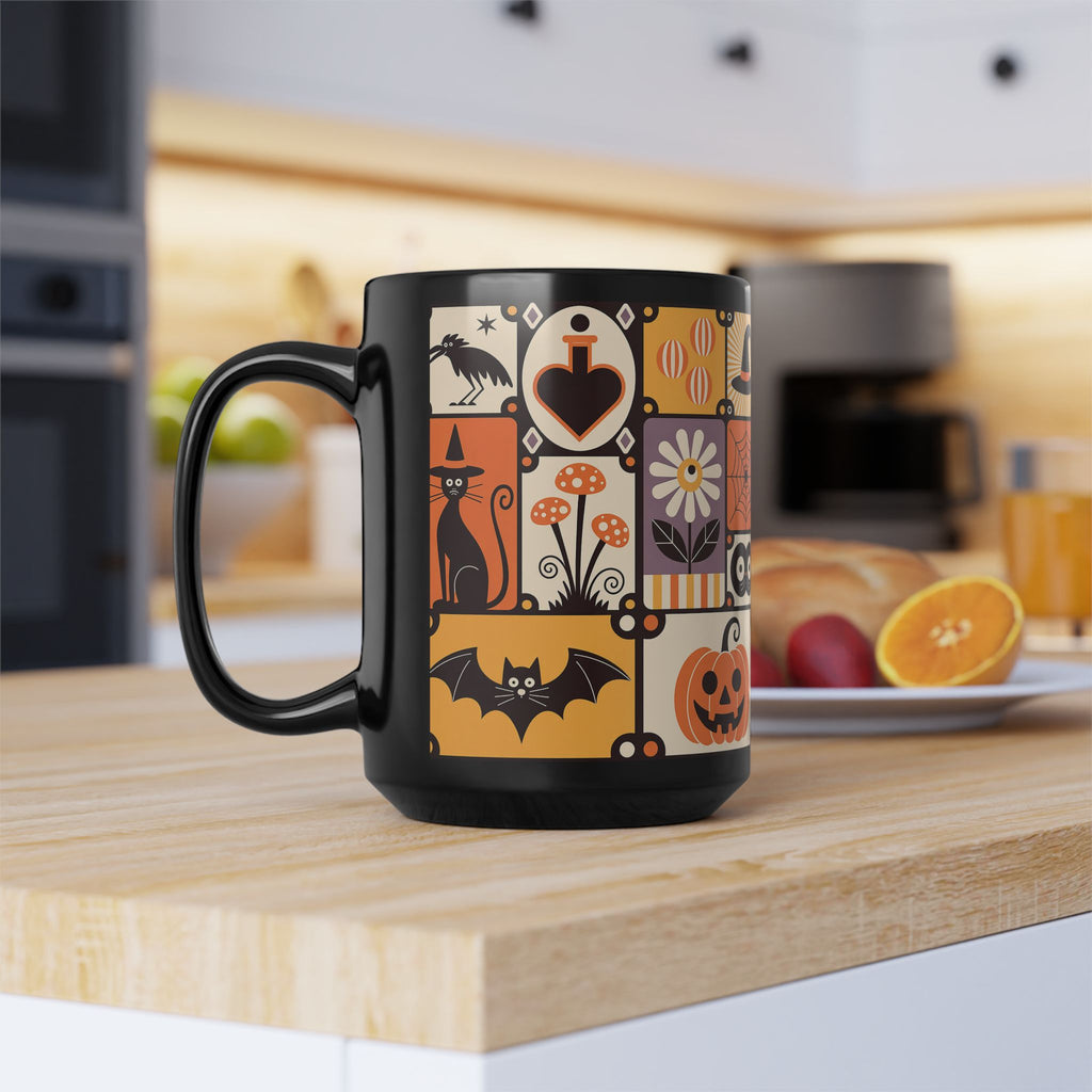 Black mug with Halloween-themed design on a kitchen counter