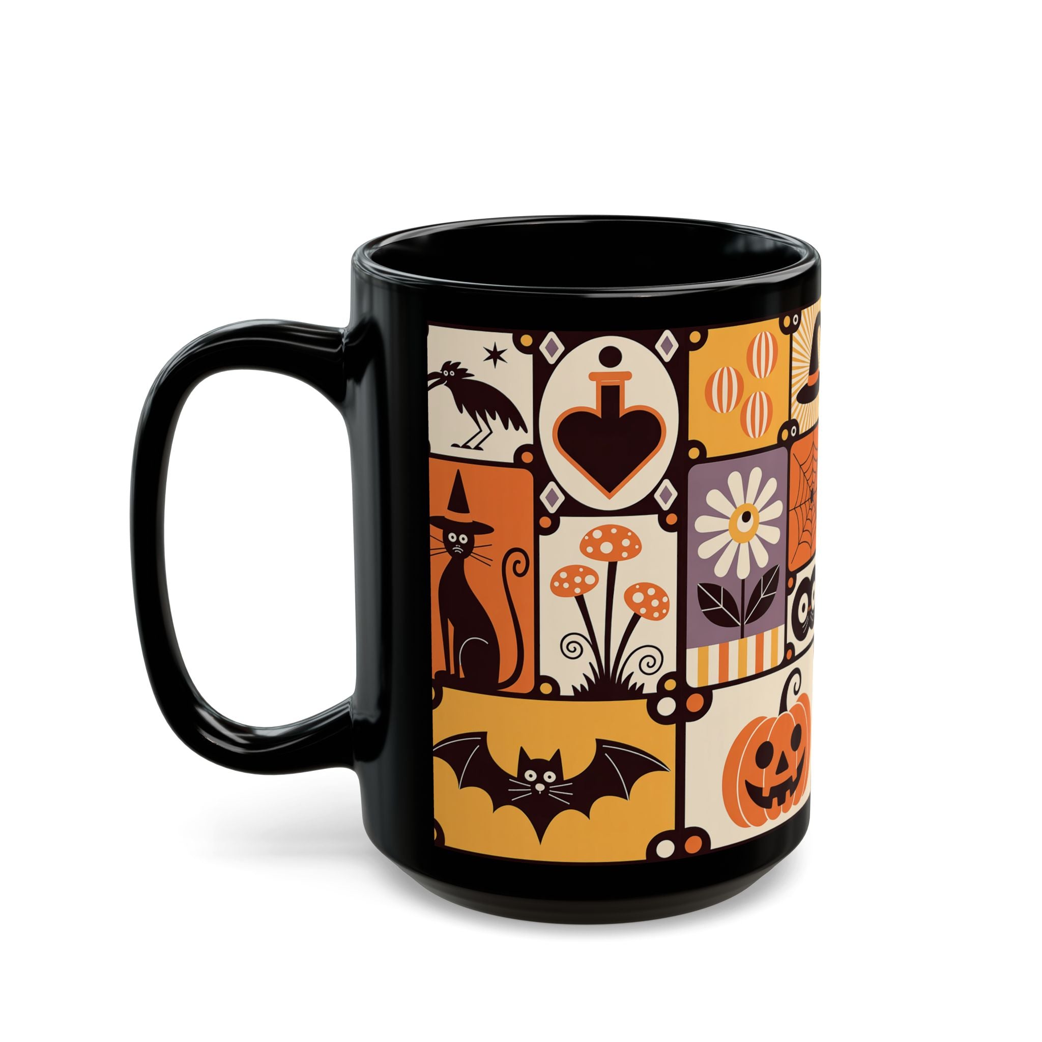 Black mug with Halloween-themed design on a white background