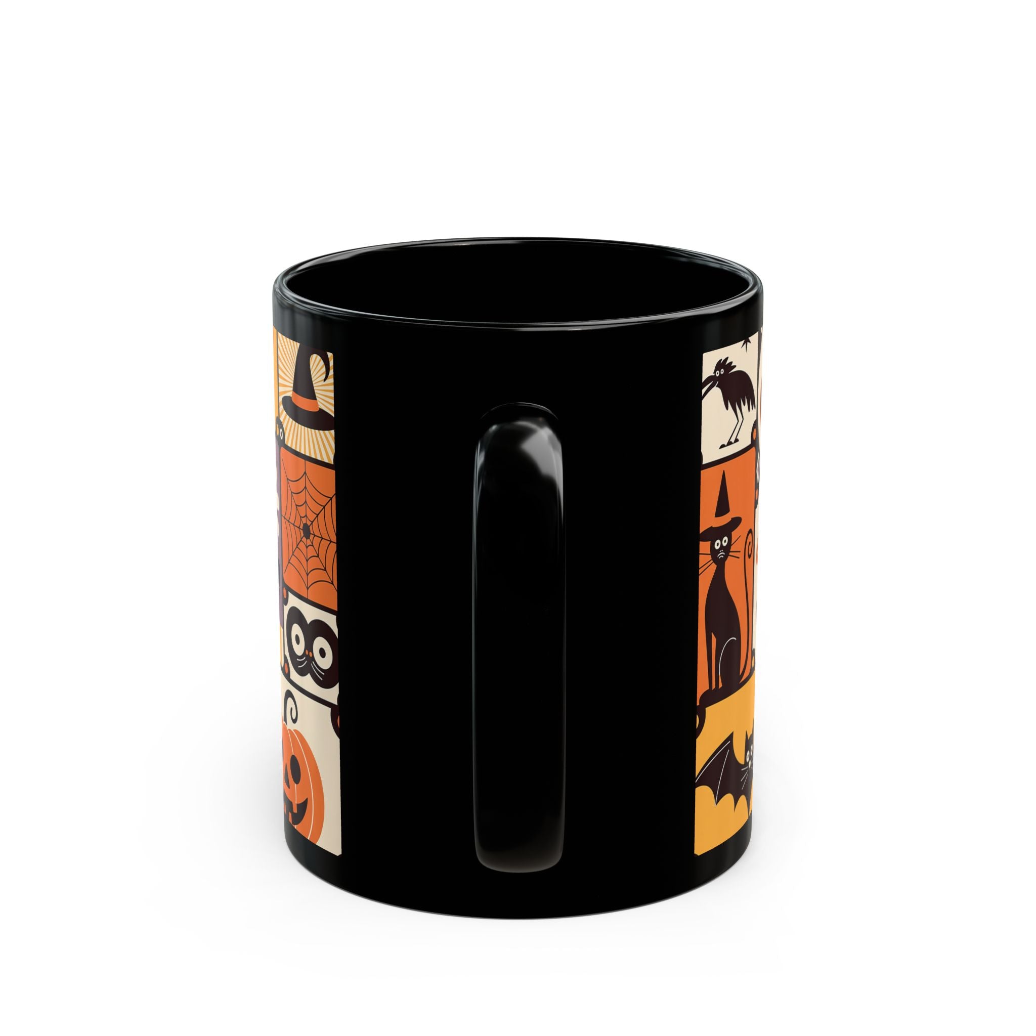 Black mug with Halloween-themed illustrations on a white background
