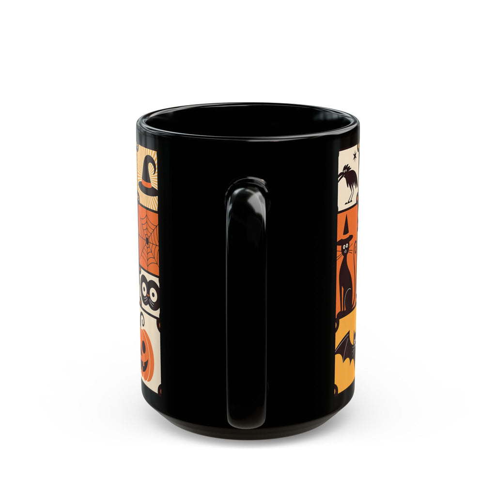 Black mug with Halloween-themed design on a white background