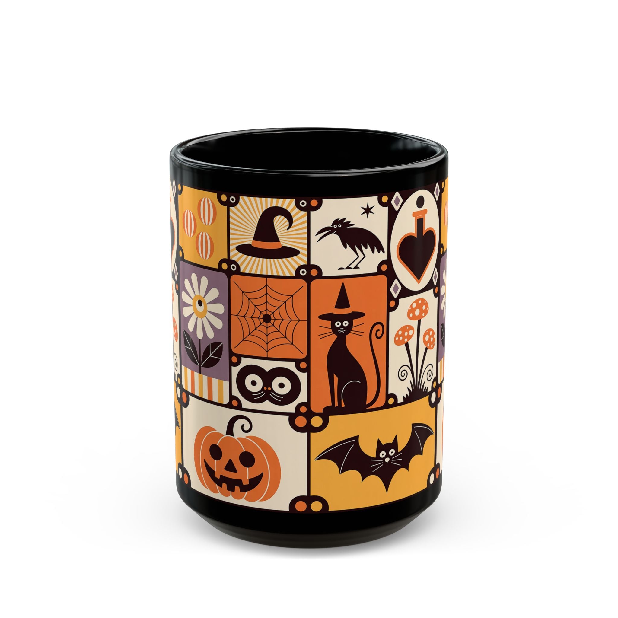 Halloween-themed mug with black handle on a white background