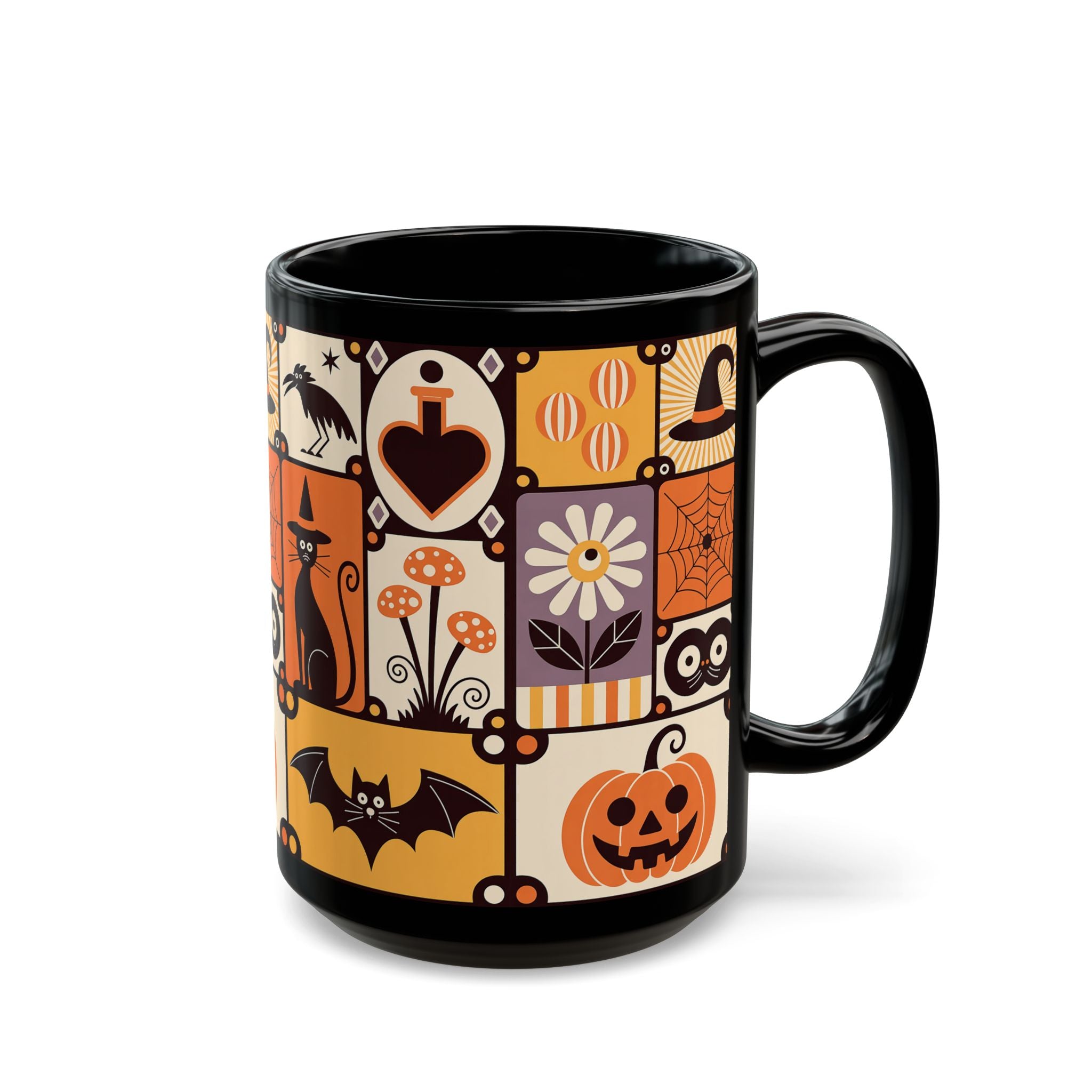 Black mug with Halloween-themed pattern on a white background