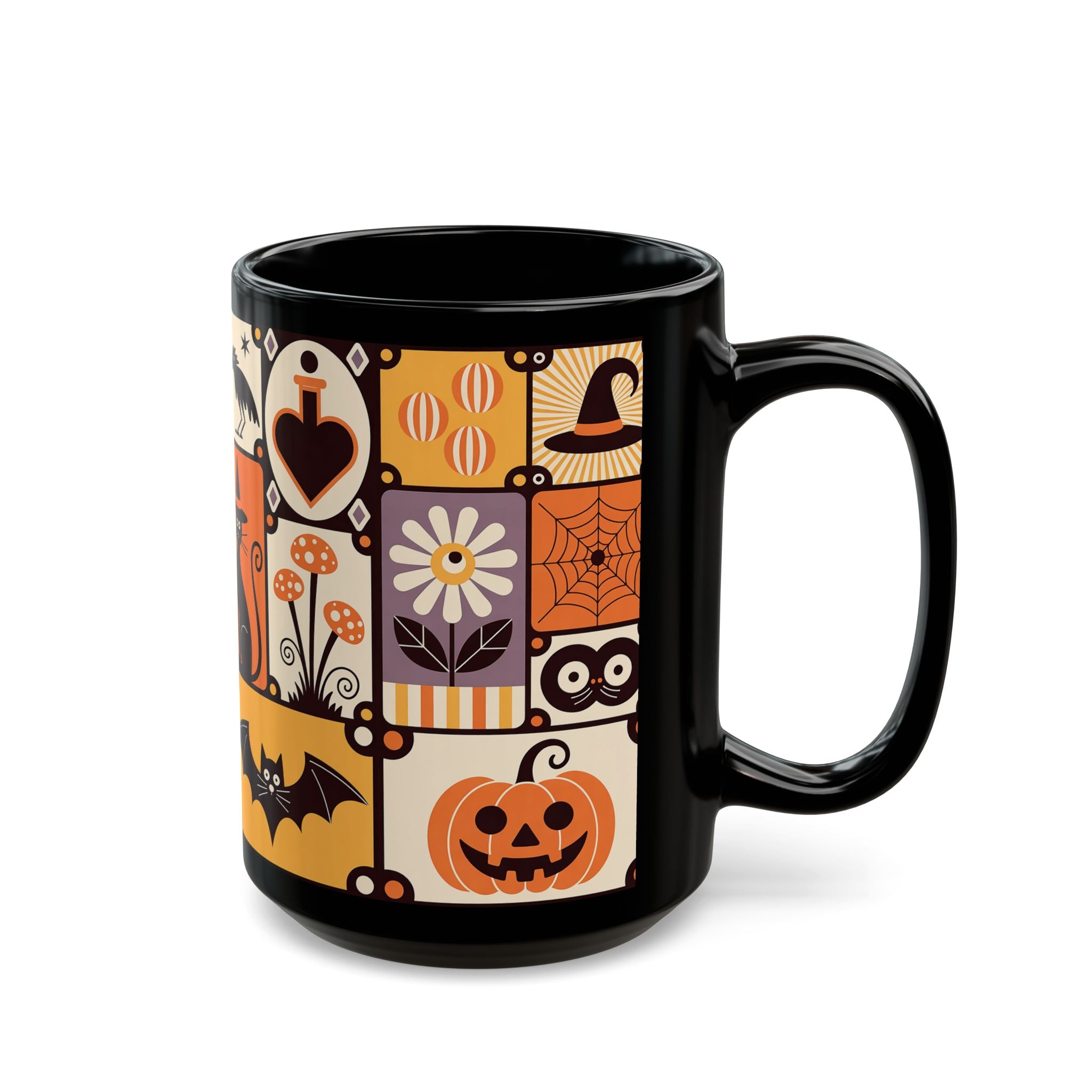 Black 15 oz. mug with Halloween-themed pattern on a white background