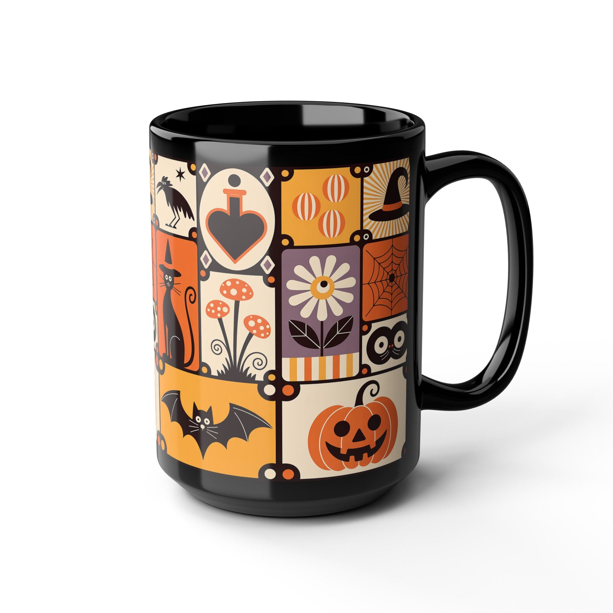 Black mug with Halloween-themed design on a white background