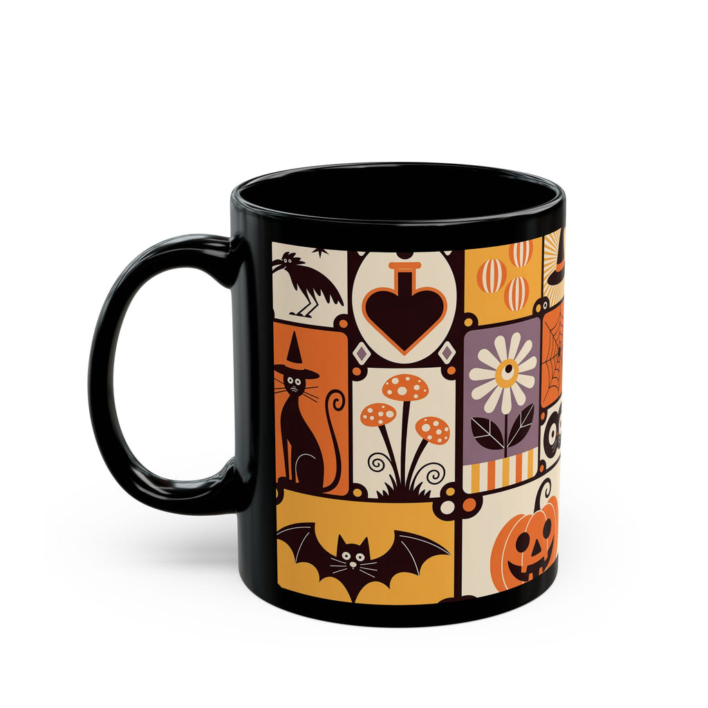 Black mug with Halloween-themed design on a white background