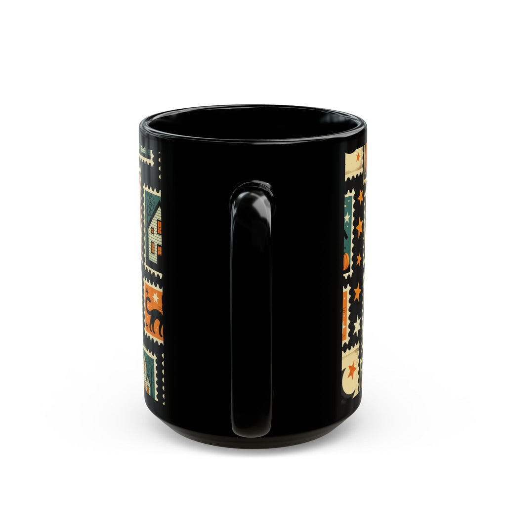 Black mug with decorative patterns on a white background
