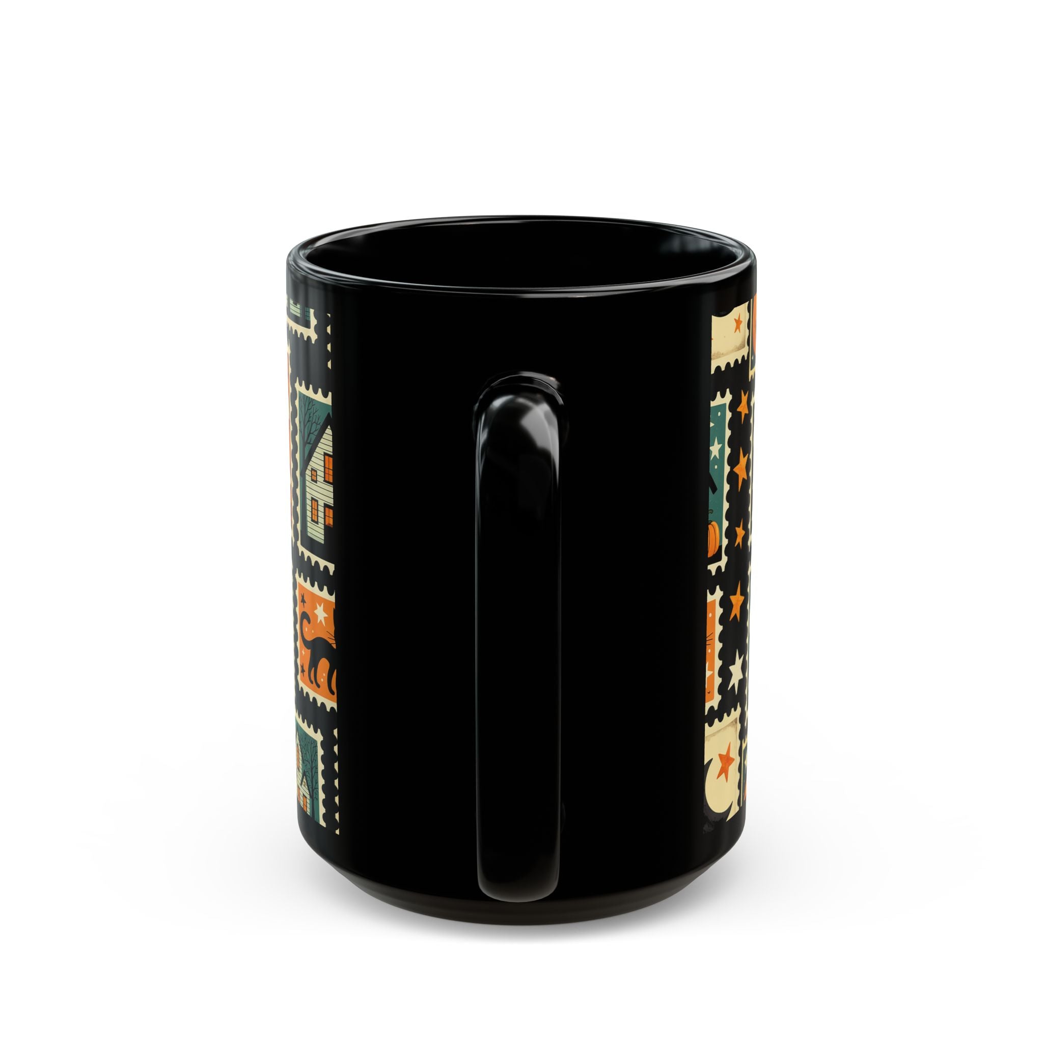 Black mug with decorative patterns on a white background