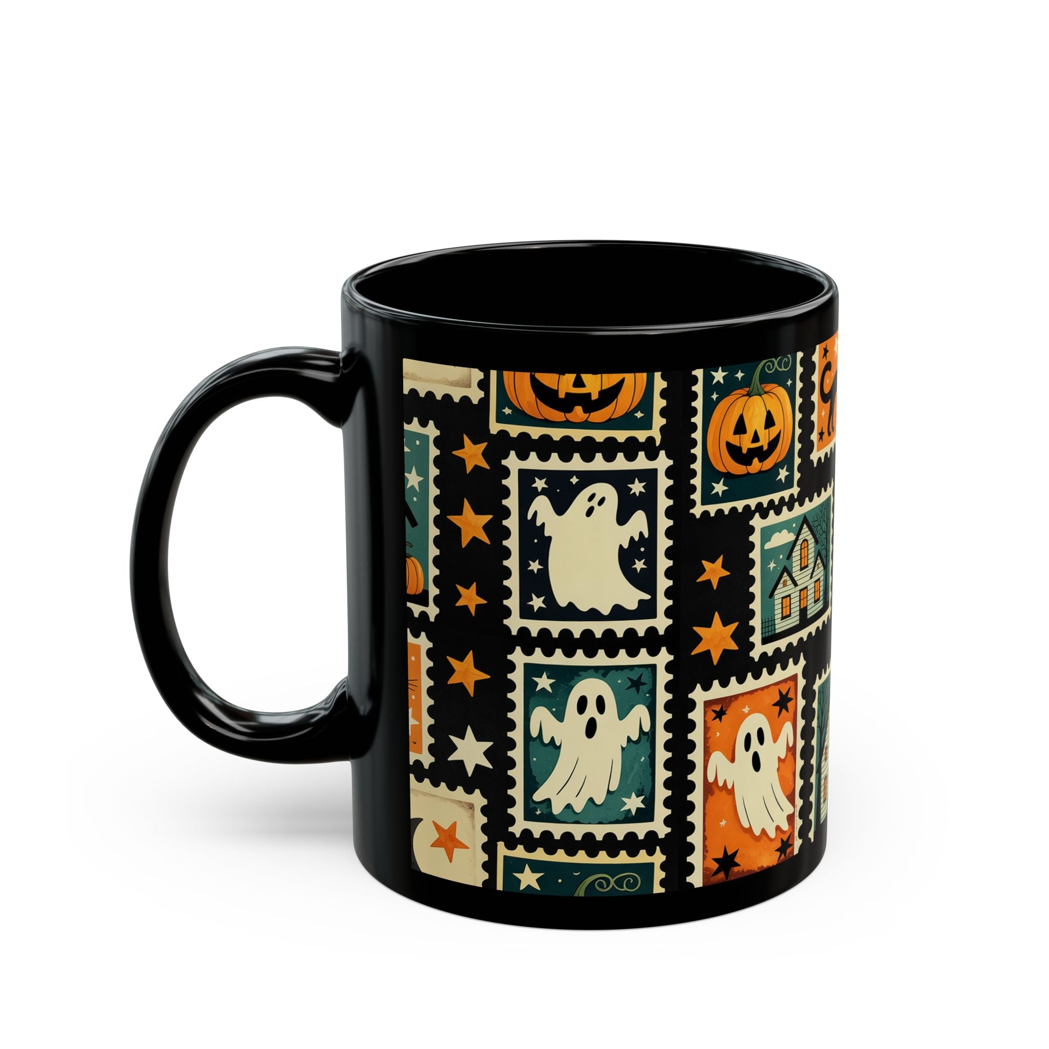 Black mug with Halloween-themed design featuring ghosts, pumpkins, and stars on a white background.