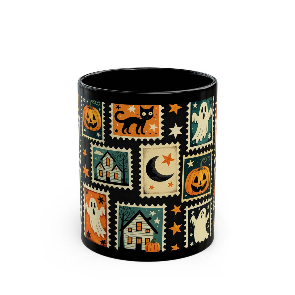 Black mug with Halloween-themed design featuring pumpkins, ghosts, and cats on a white background