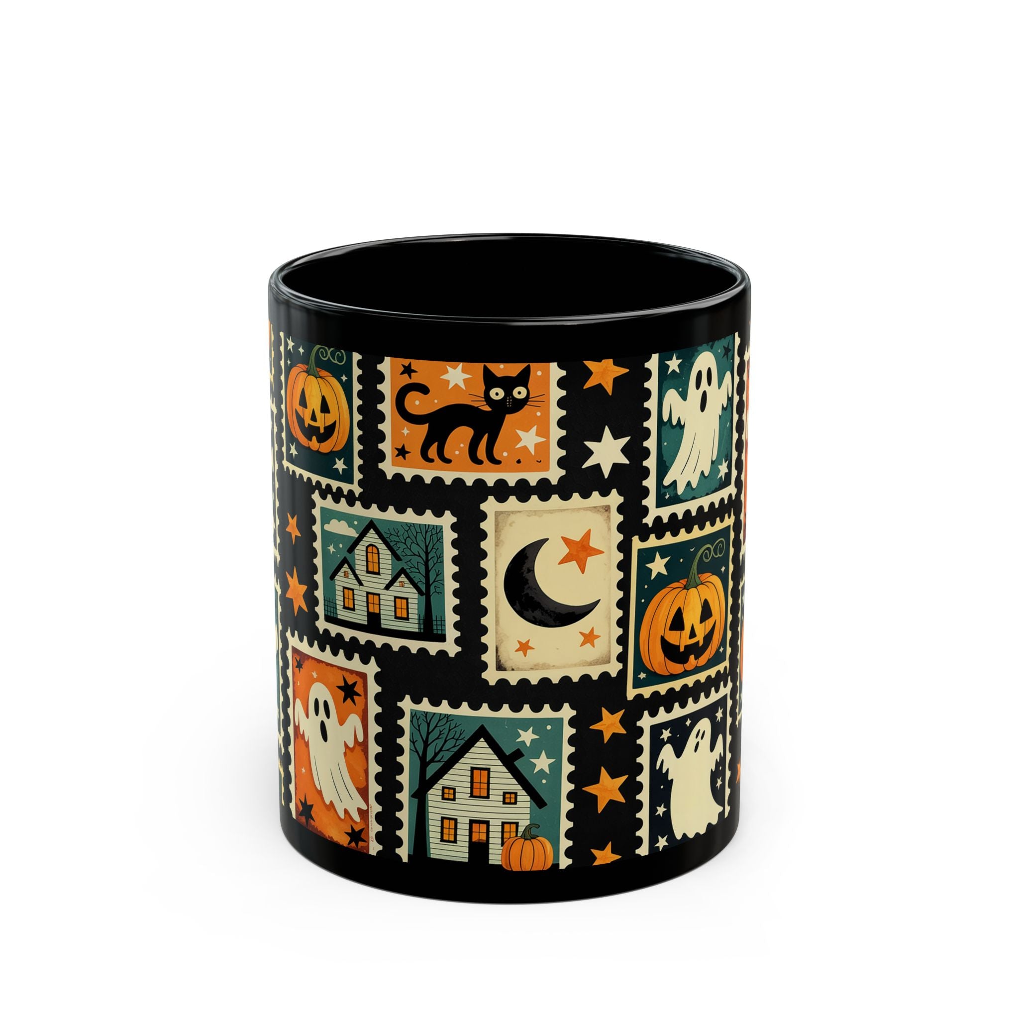 Black mug with Halloween-themed design featuring pumpkins, ghosts, and cats on a white background