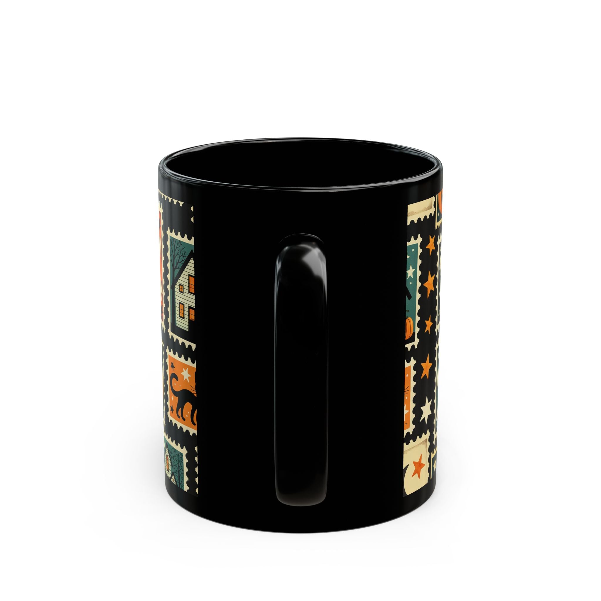 Black mug with festive pattern on a white background