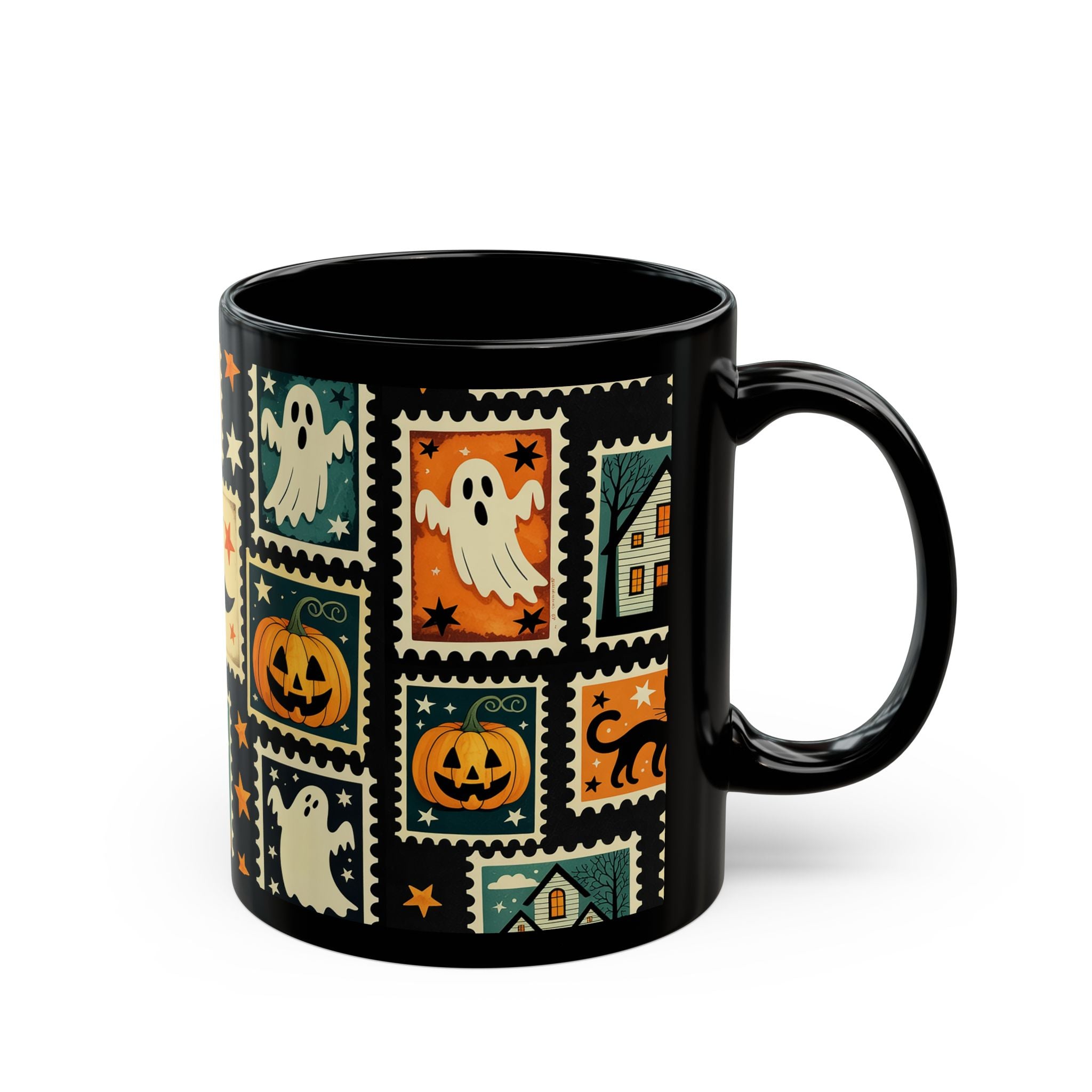 Black mug with Halloween-themed design featuring ghosts, pumpkins, and haunted houses on a white background.