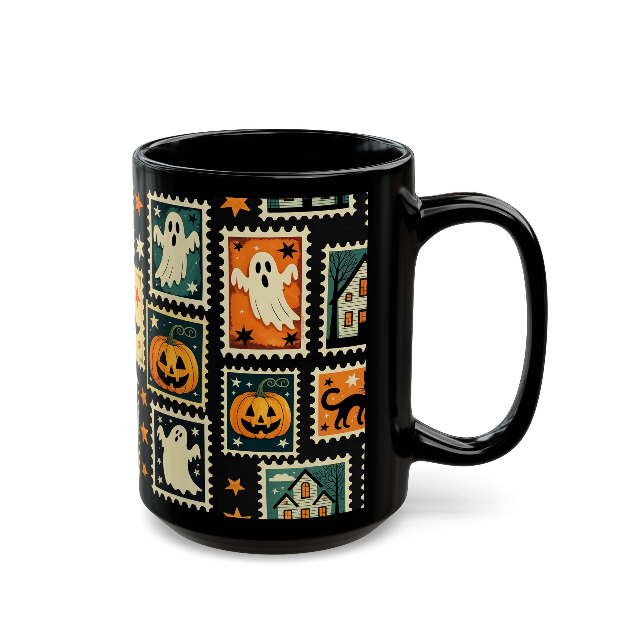 Black mug with Halloween-themed design featuring ghosts, pumpkins, and houses on a white background.