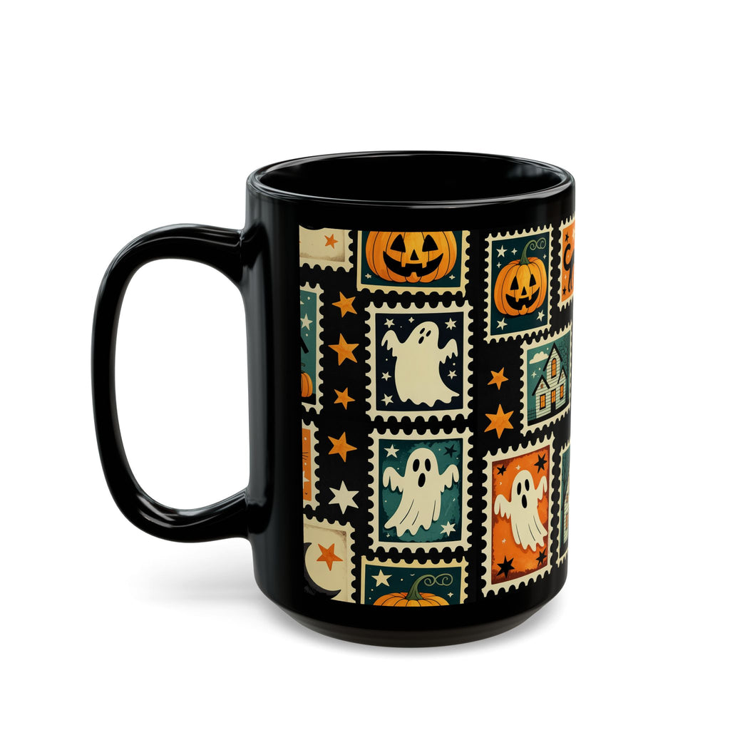 Black mug with Halloween-themed design featuring ghosts, pumpkins, and stars on a white background
