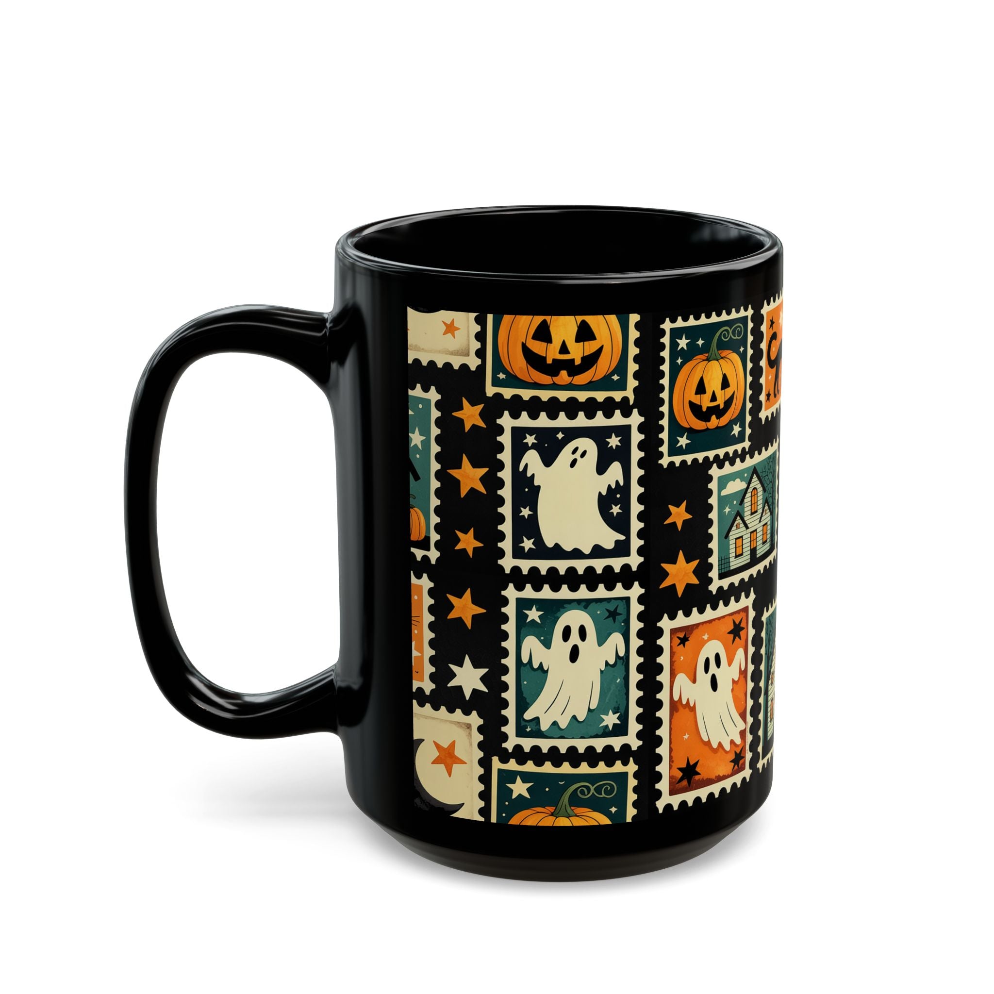 Black mug with Halloween-themed design featuring ghosts, pumpkins, and stars on a white background