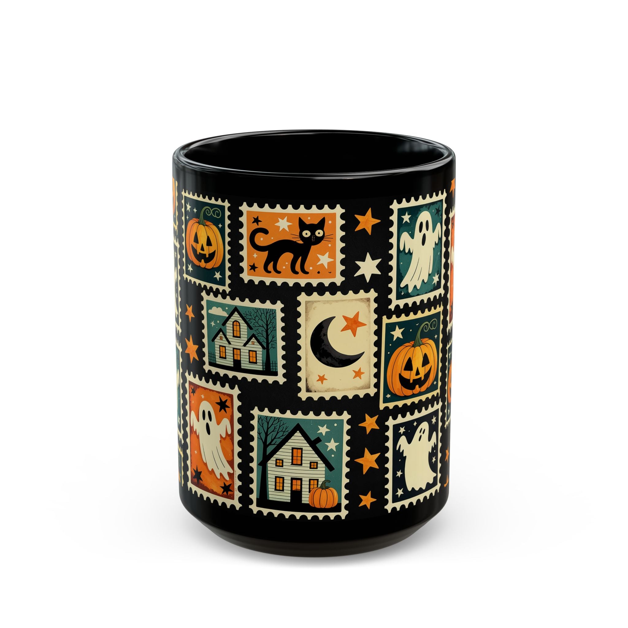 Black mug with Halloween-themed postage stamp design on a white background