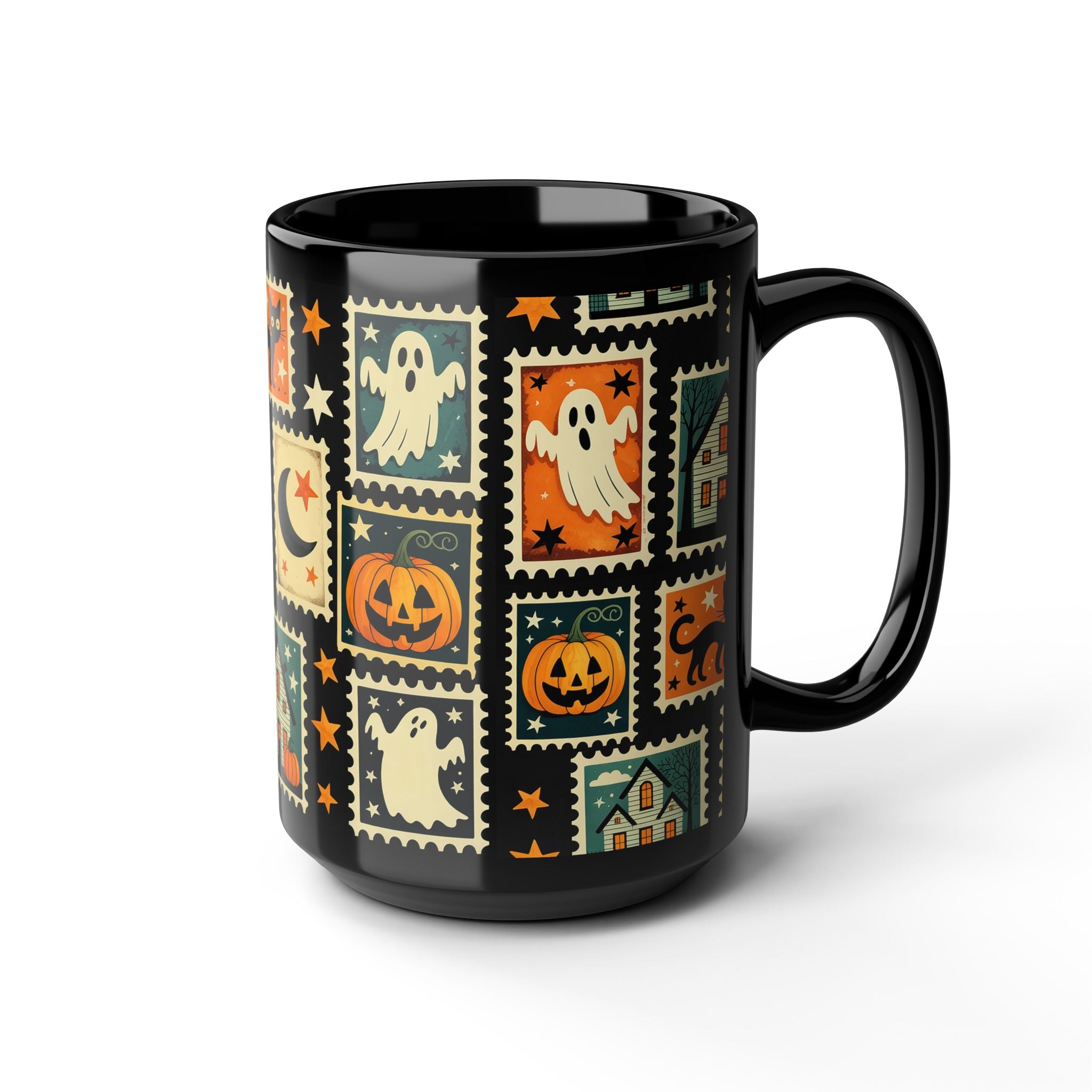 Black mug with Halloween-themed postage stamp design on a white background
