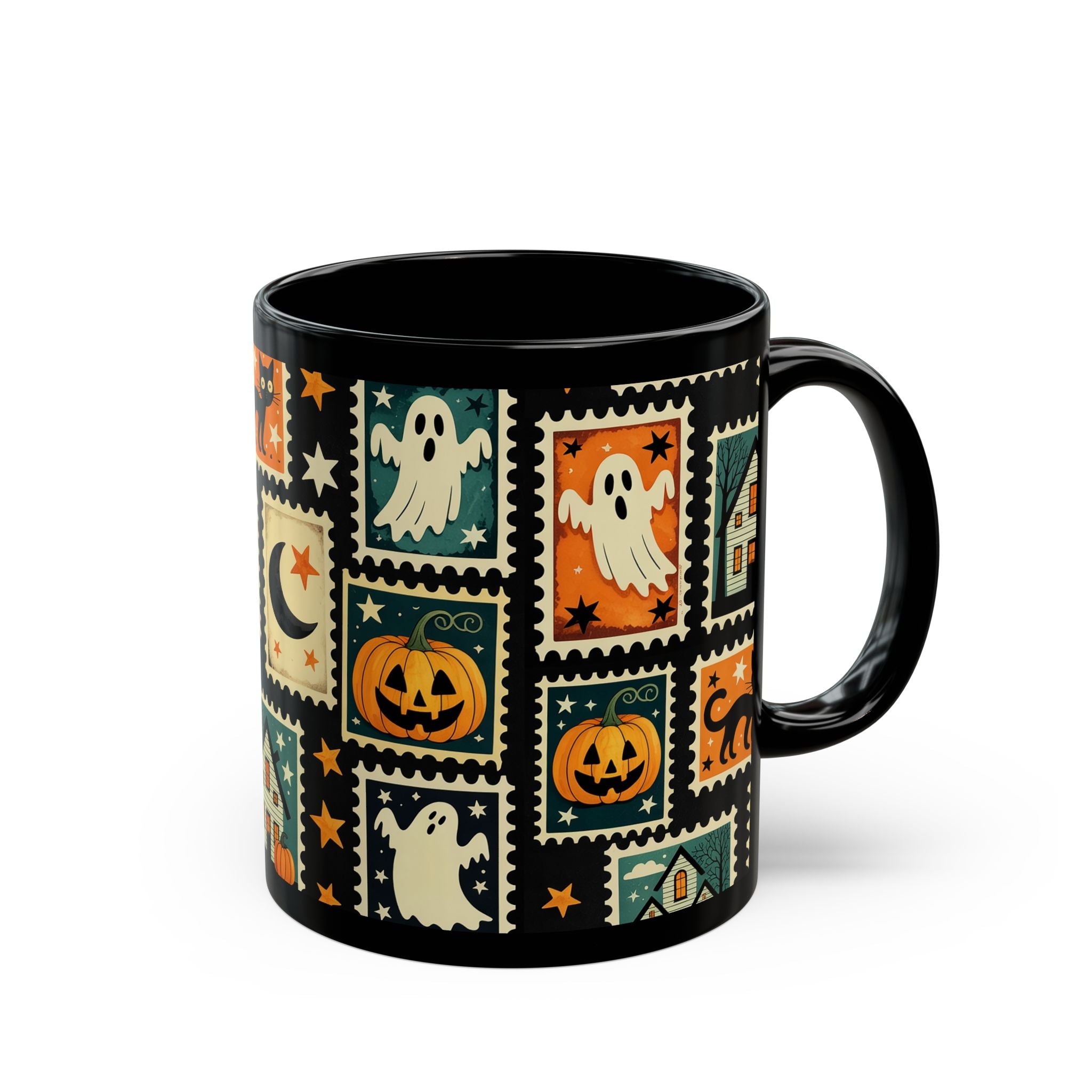 Black mug with Halloween-themed design featuring ghosts, pumpkins, and haunted houses on a white background.