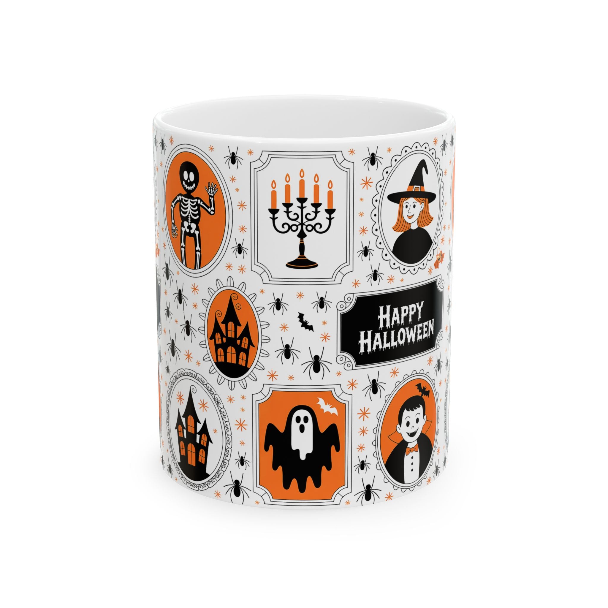 Halloween-themed mug with various icons on a white background