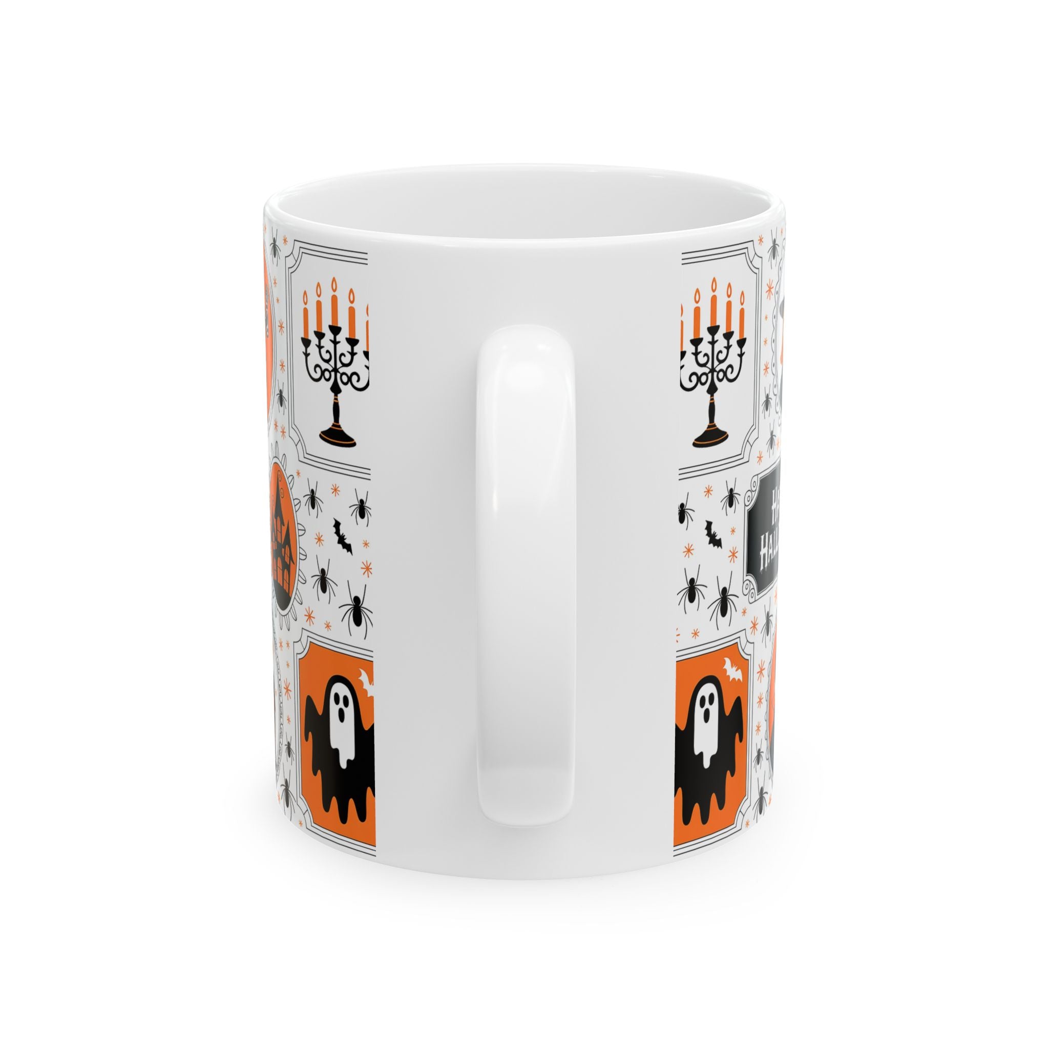 White mug with Halloween-themed design featuring ghosts, pumpkins, and candles on a white background.