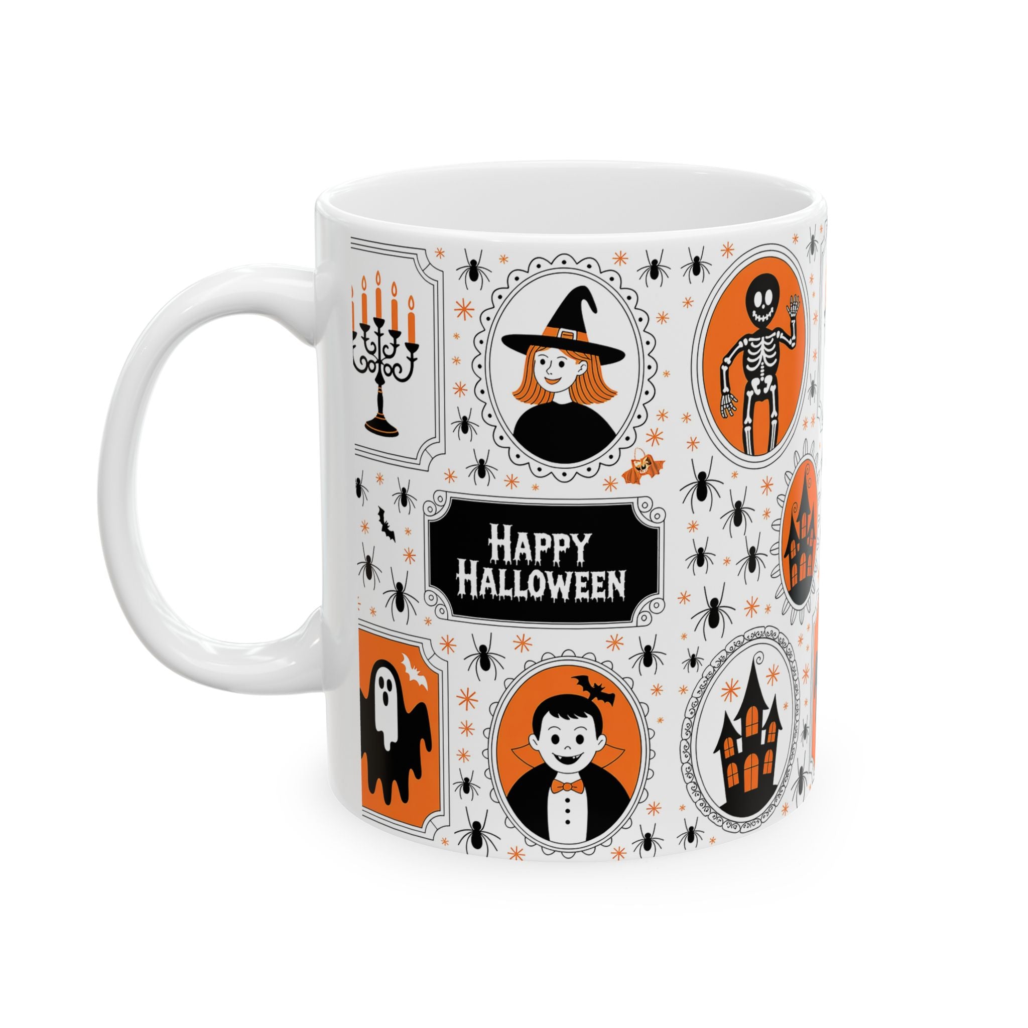 Halloween-themed mug with various icons and text on a white background