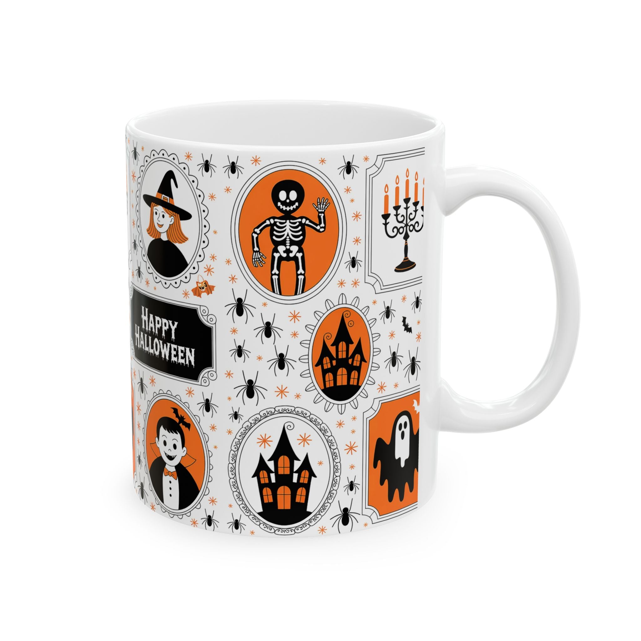 Halloween-themed mug with various designs on a white background