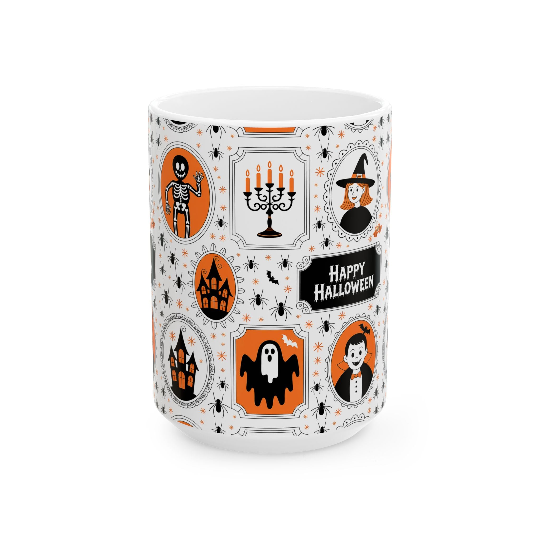 Halloween-themed mug with various icons on a white background