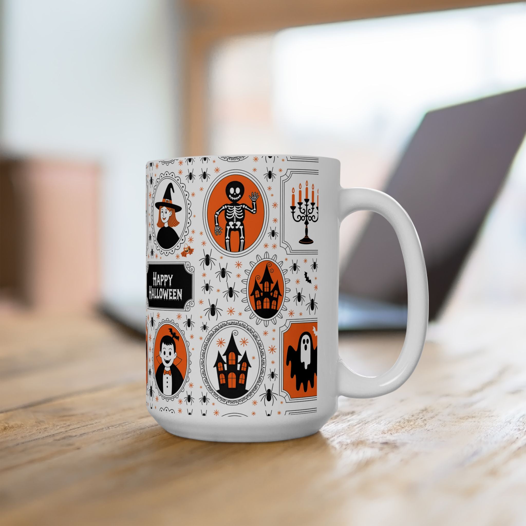 White mug with Halloween-themed design on a wooden surface