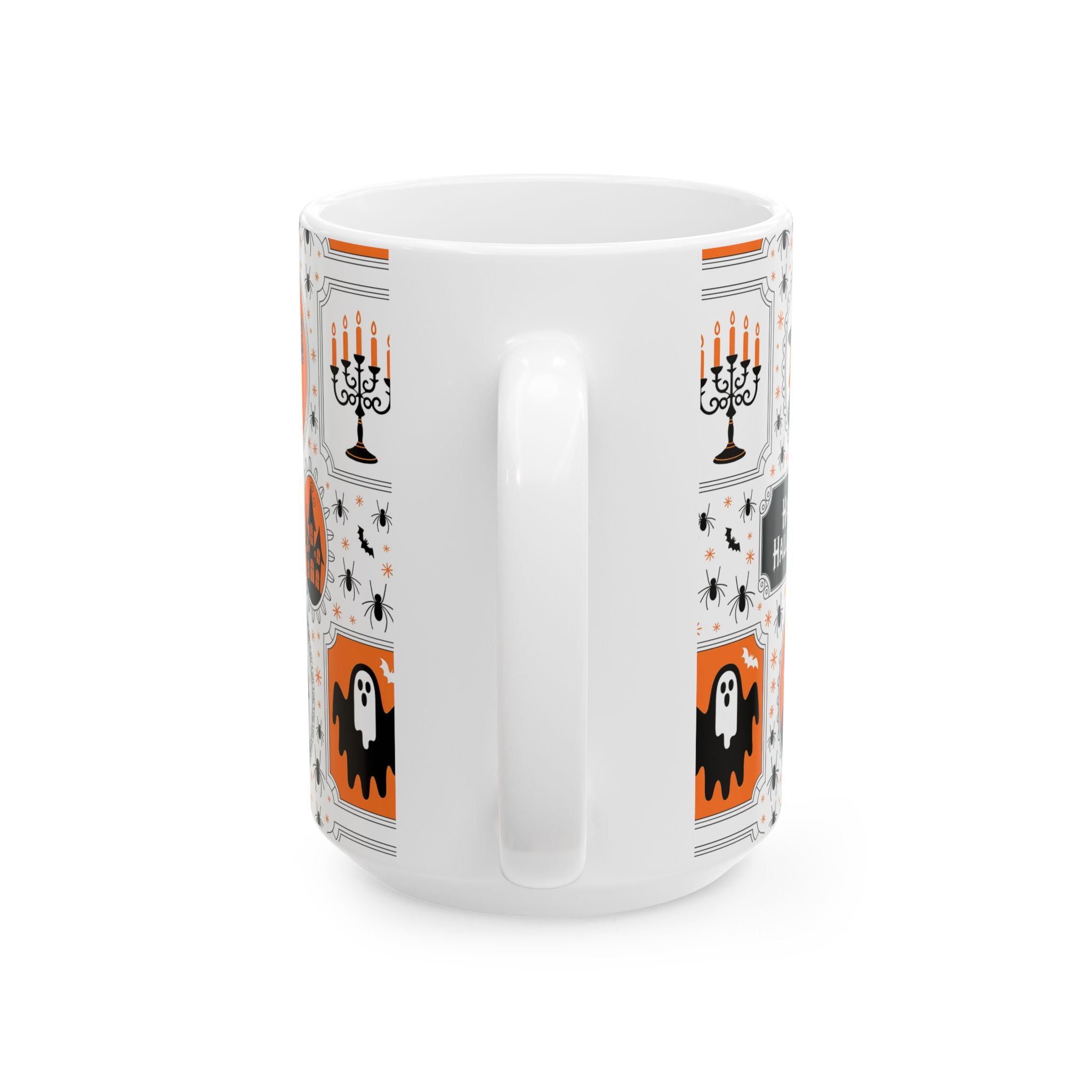 White mug with Halloween-themed design featuring ghosts and candles on a white background
