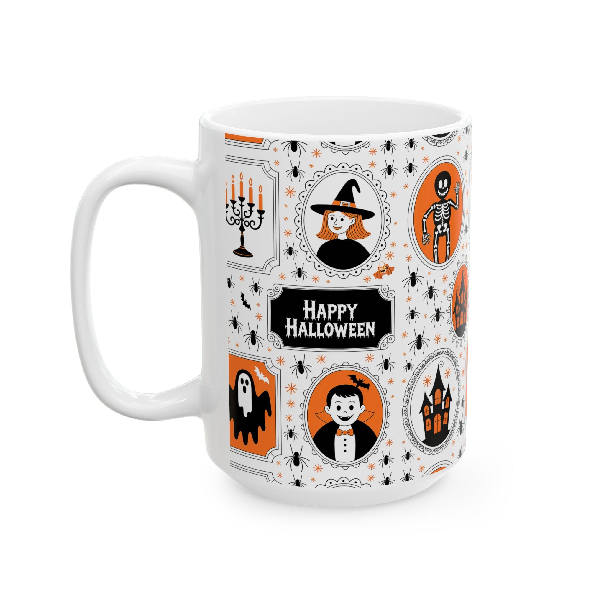 White mug with Halloween-themed design featuring ghosts, cats, and pumpkins on a white background.
