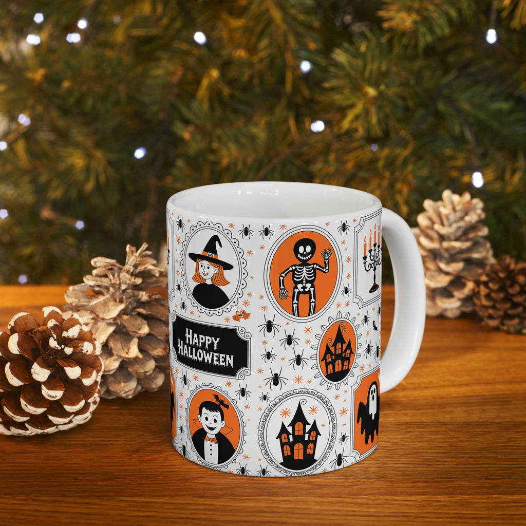 Halloween-themed mug with decorative designs on a wooden surface with pinecones and a Christmas tree in the background.