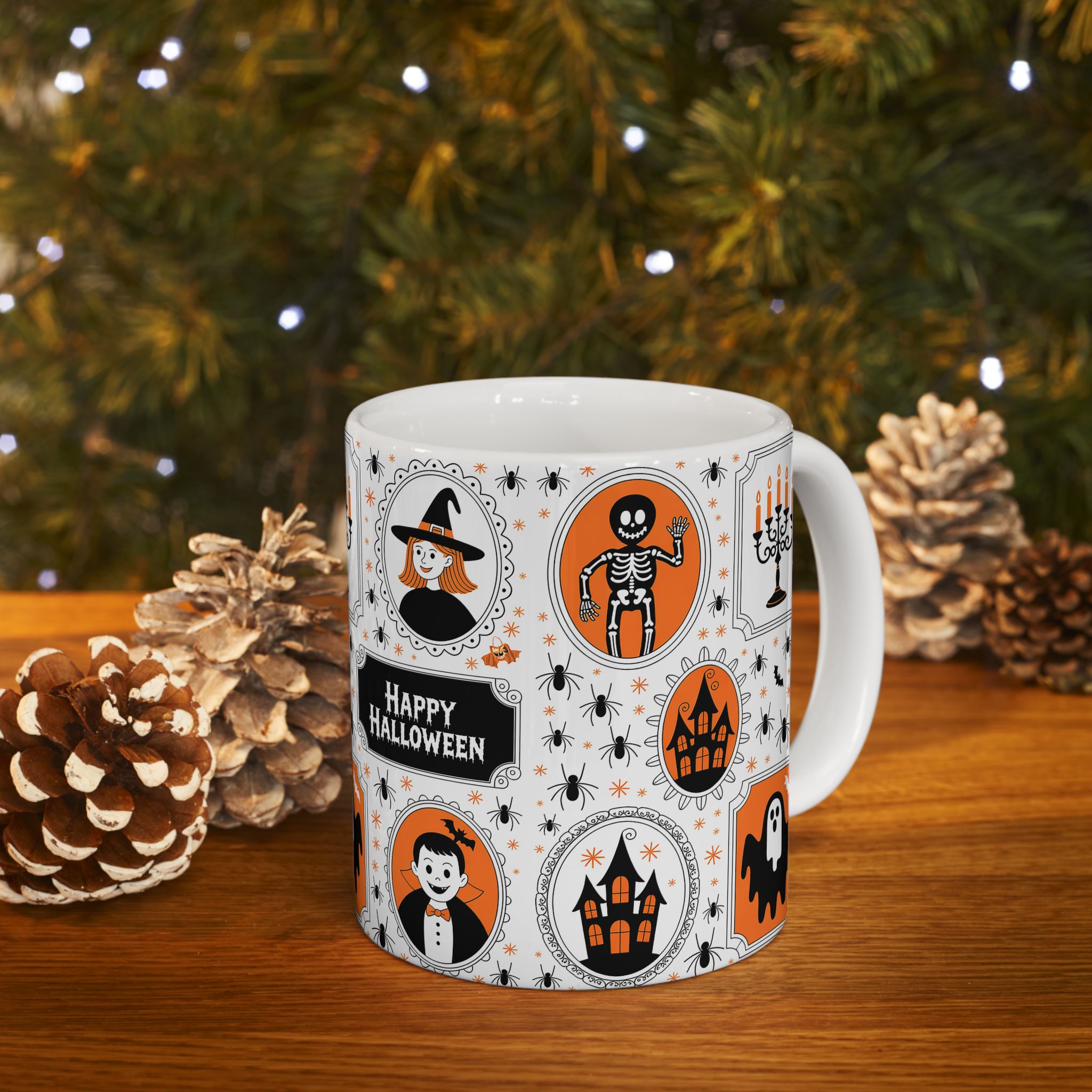 Halloween-themed mug with decorative designs on a wooden surface with pinecones and a Christmas tree in the background.