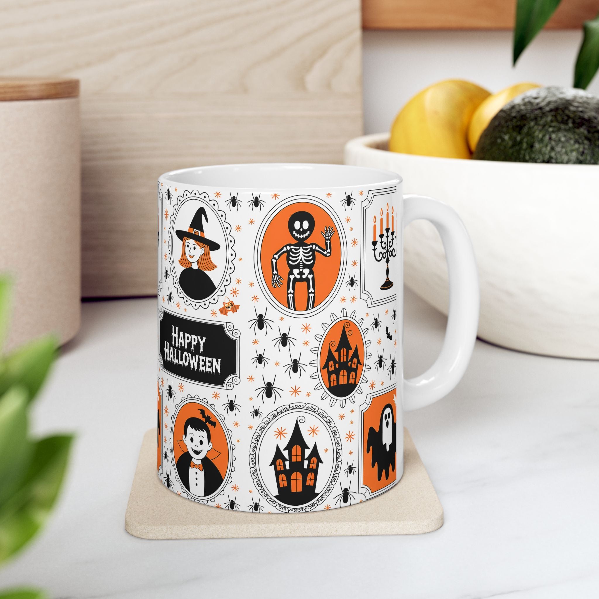 White mug with Halloween-themed design on a white surface
