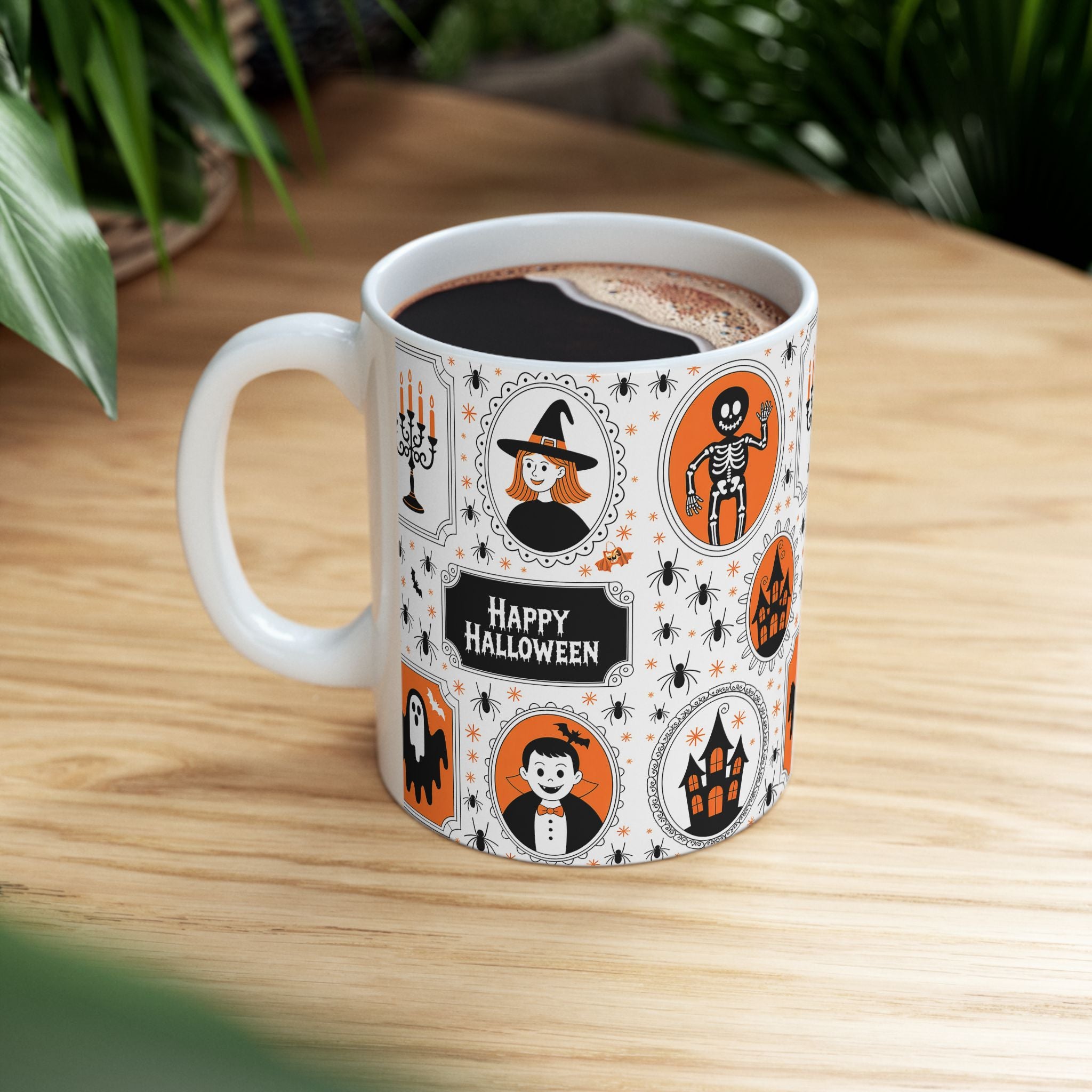 Halloween-themed mug with a pattern of icons on a wooden table