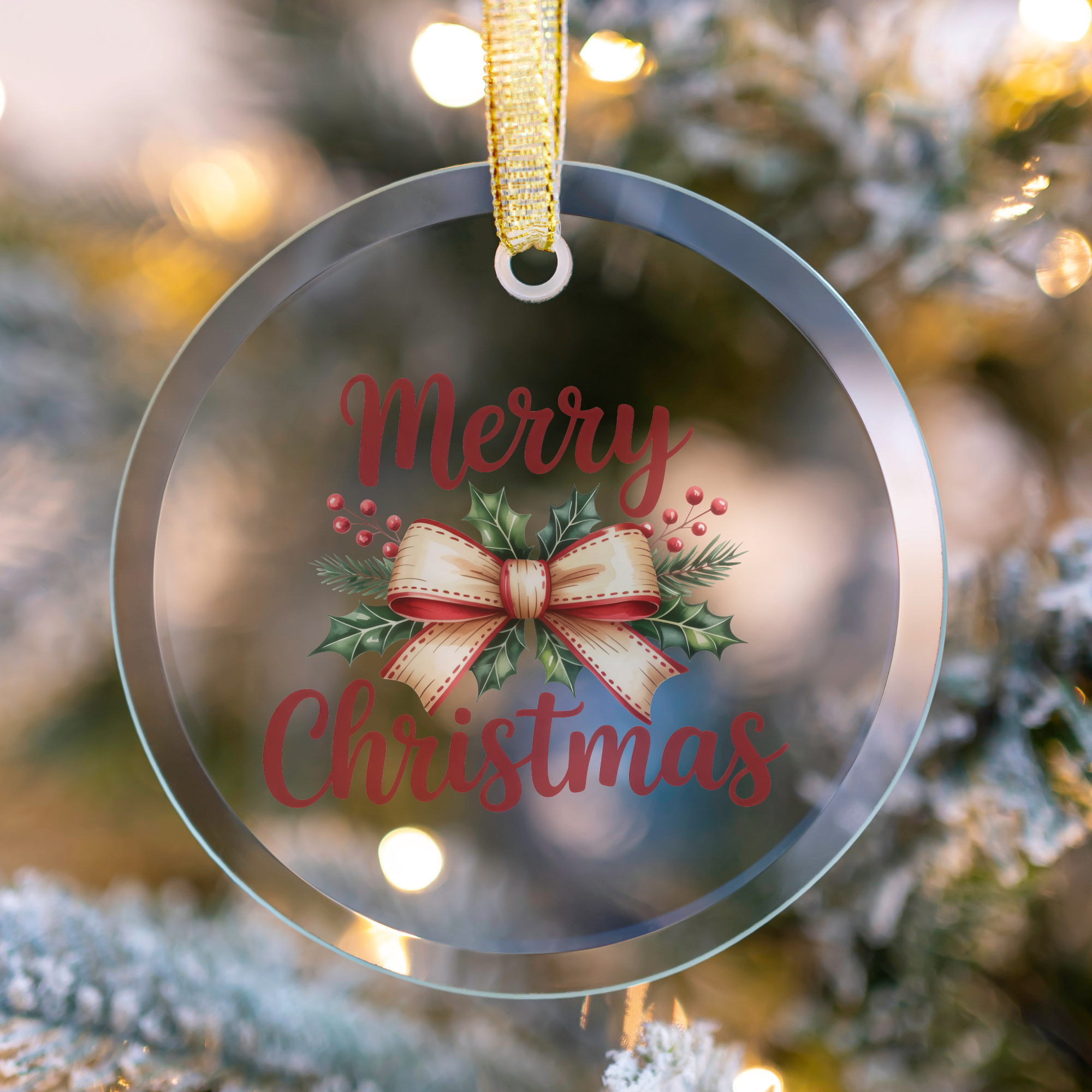 Retro Merry Christmas Ornament - Clear Glass (Round)