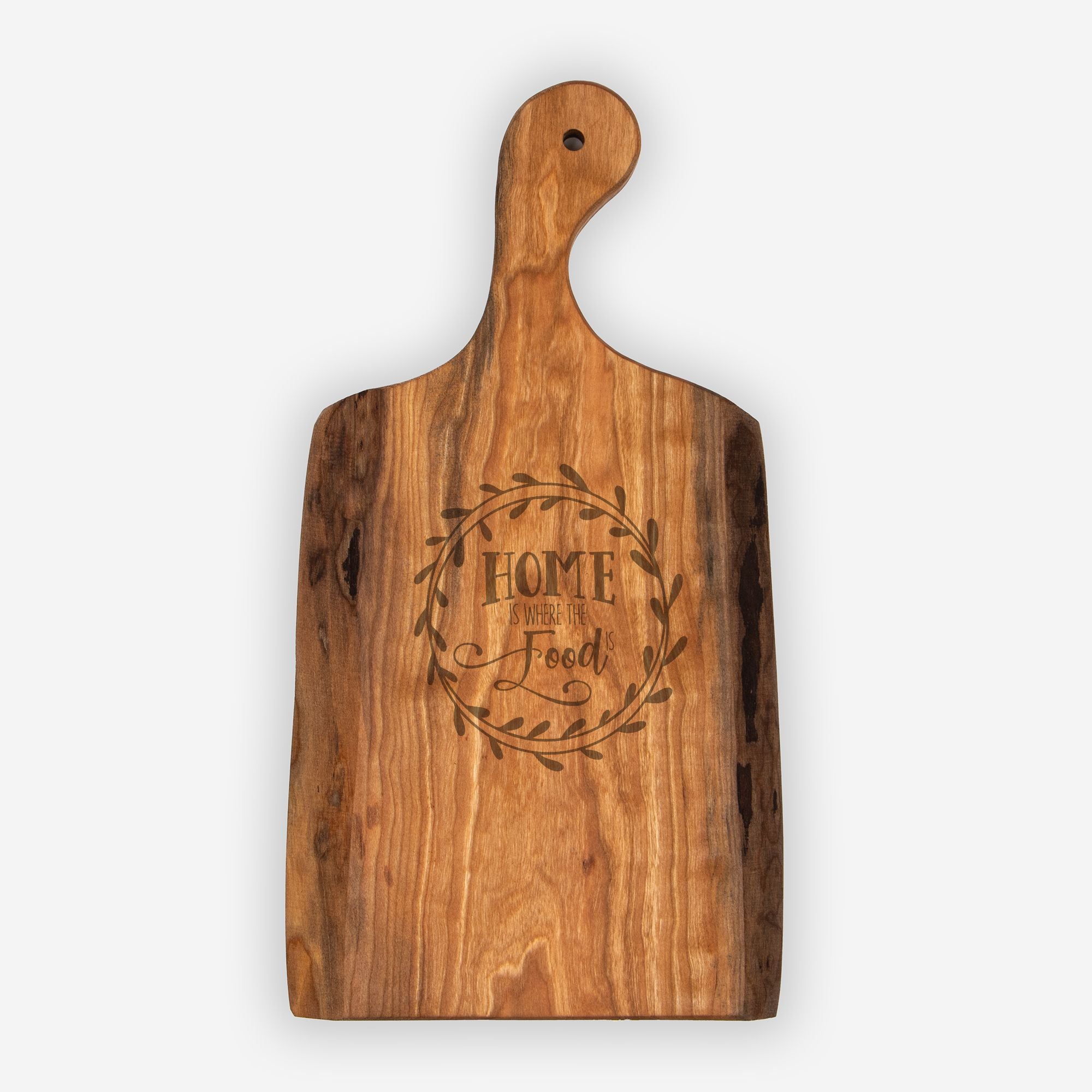 Wooden cutting board with engraved text on a white background