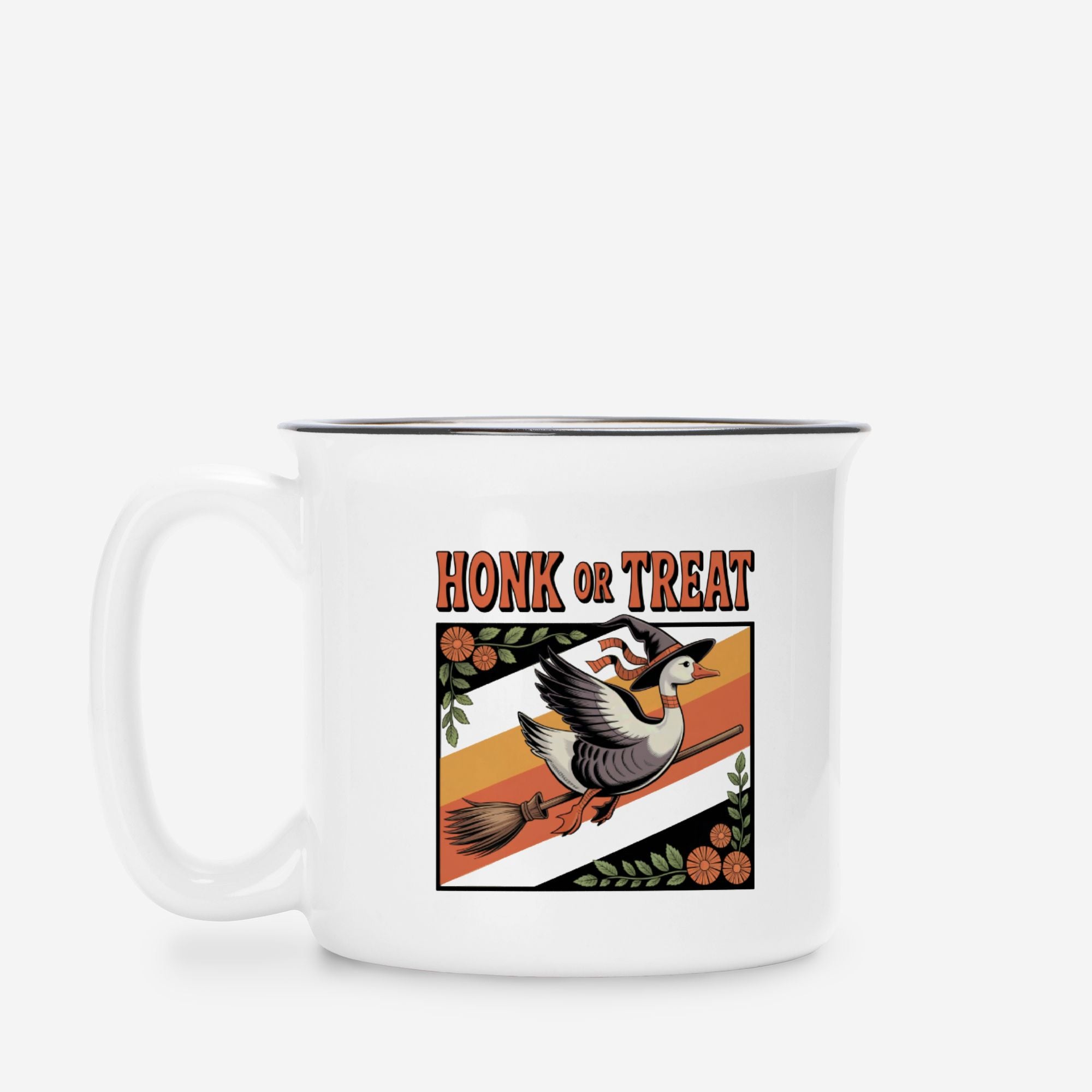 White mug with 'Honk or Treat' design featuring a duck and broom on a white background