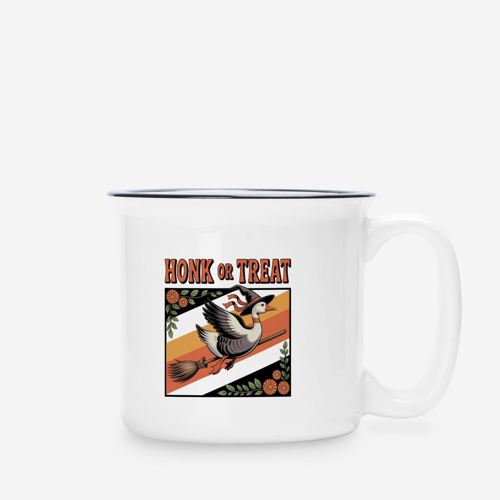White mug with 'Honk or Treat' design featuring a duck and broom on a white background