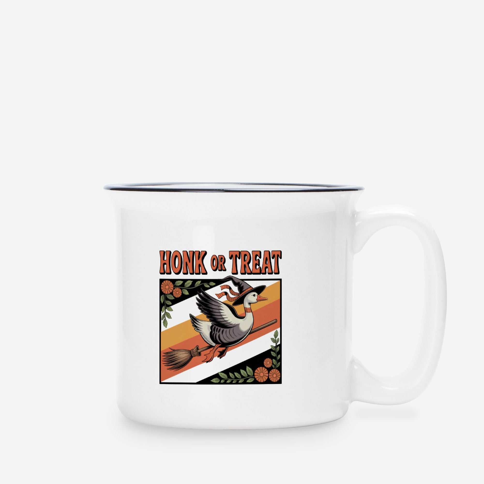 White mug with 'Honk or Treat' design featuring a duck and broom on a white background