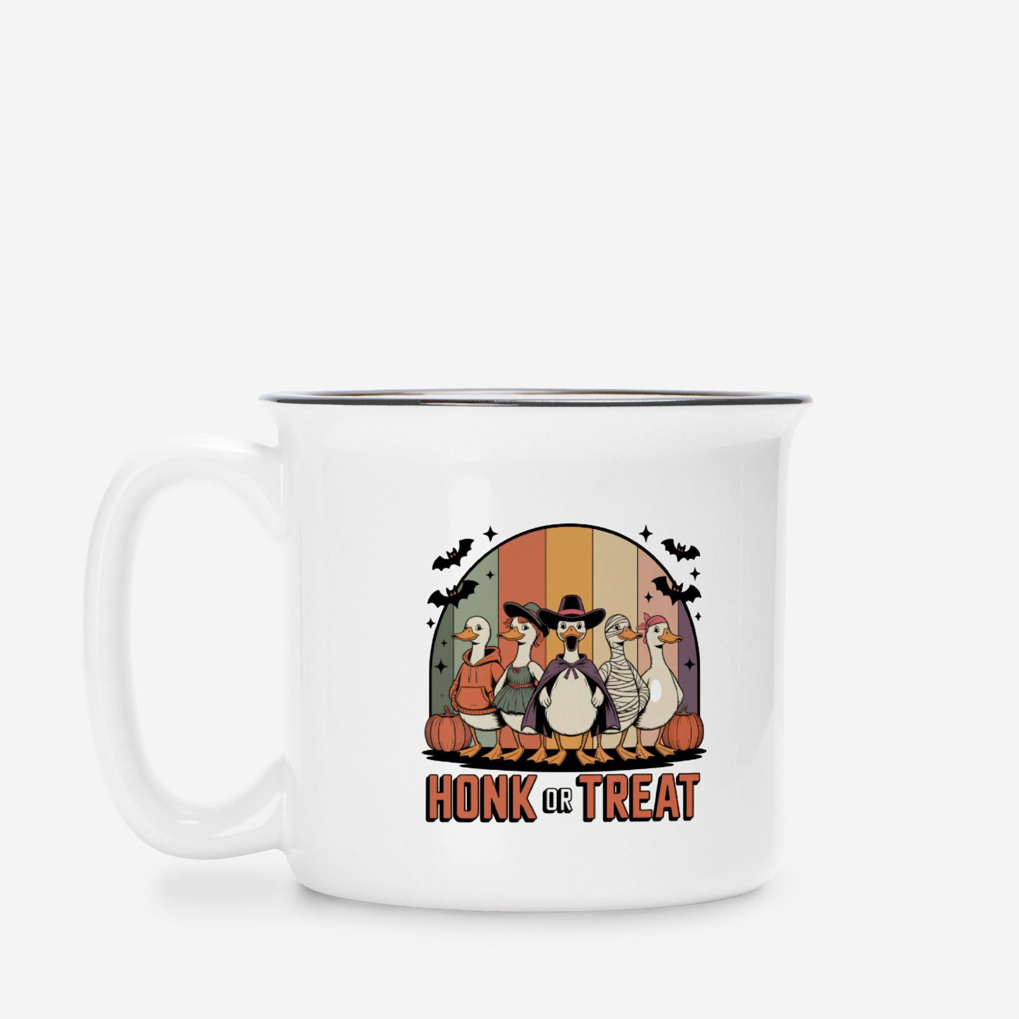 White camp mug with a graphic design of cartoon character geese and text 'Honk or Treat' on a white background.