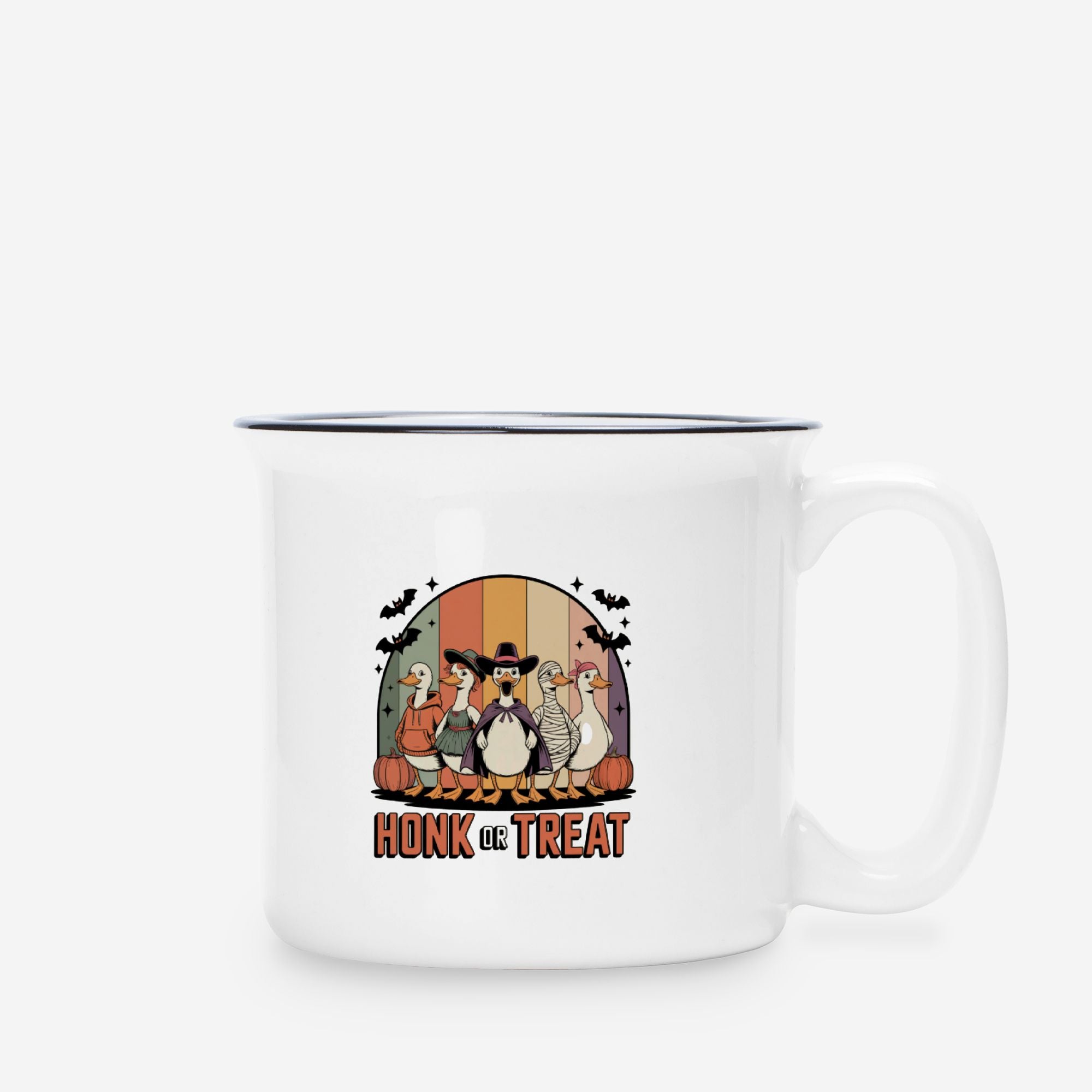 White mug with a Halloween-themed design featuring cartoon character geese and text 'Honk or Treat' on a white background.